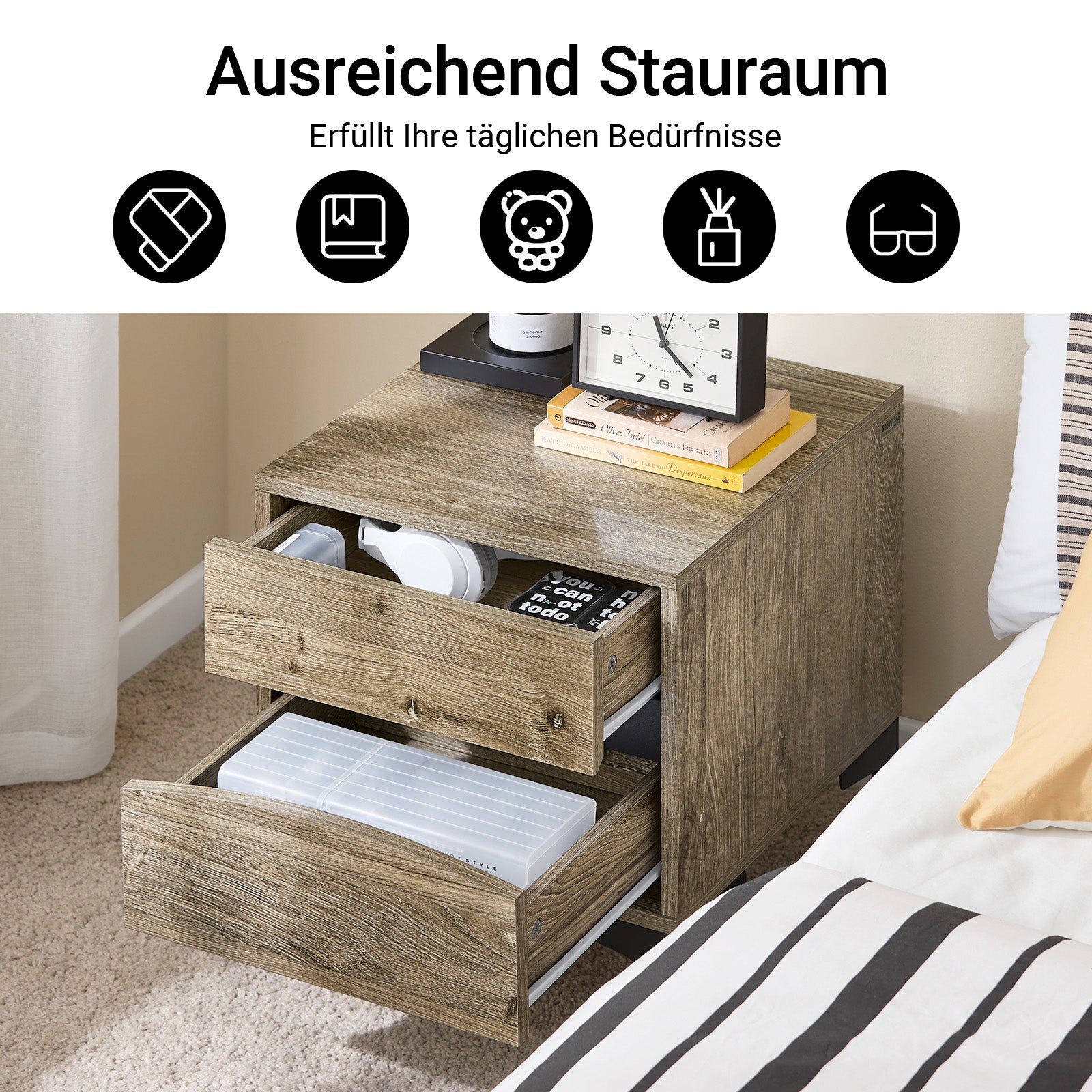 SoBuy Nachttisch Nachtschrank mit 2 Schubladen Natur 40×40×47 cm FBT165-N