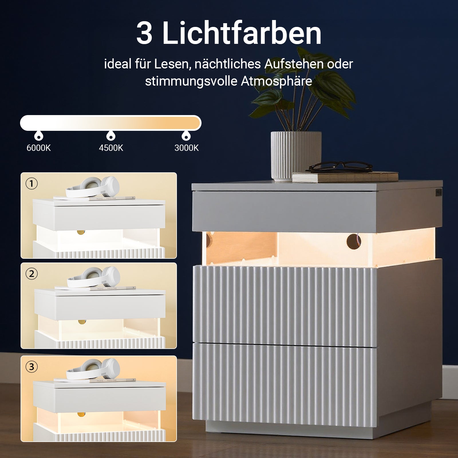 SoBuy | Nachttisch | mit LED-Beleuchtung | Beistelltisch | mit 3 Schubladen | Weiß | FBT167-E-W