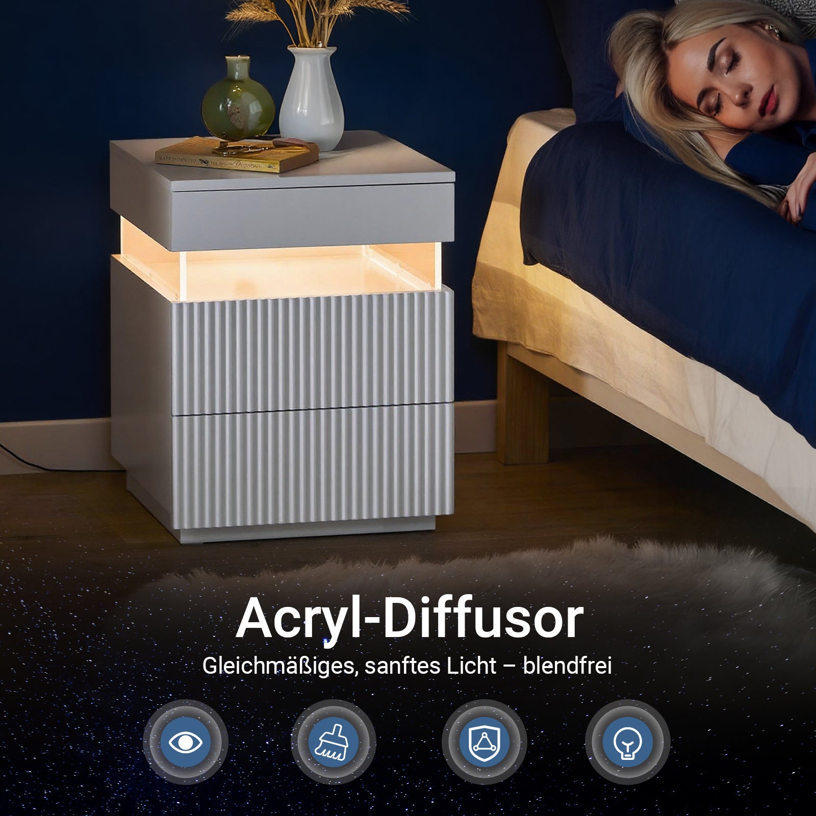 SoBuy | Nachttisch | mit LED-Beleuchtung | Beistelltisch | mit 3 Schubladen | Weiß | FBT167-E-W