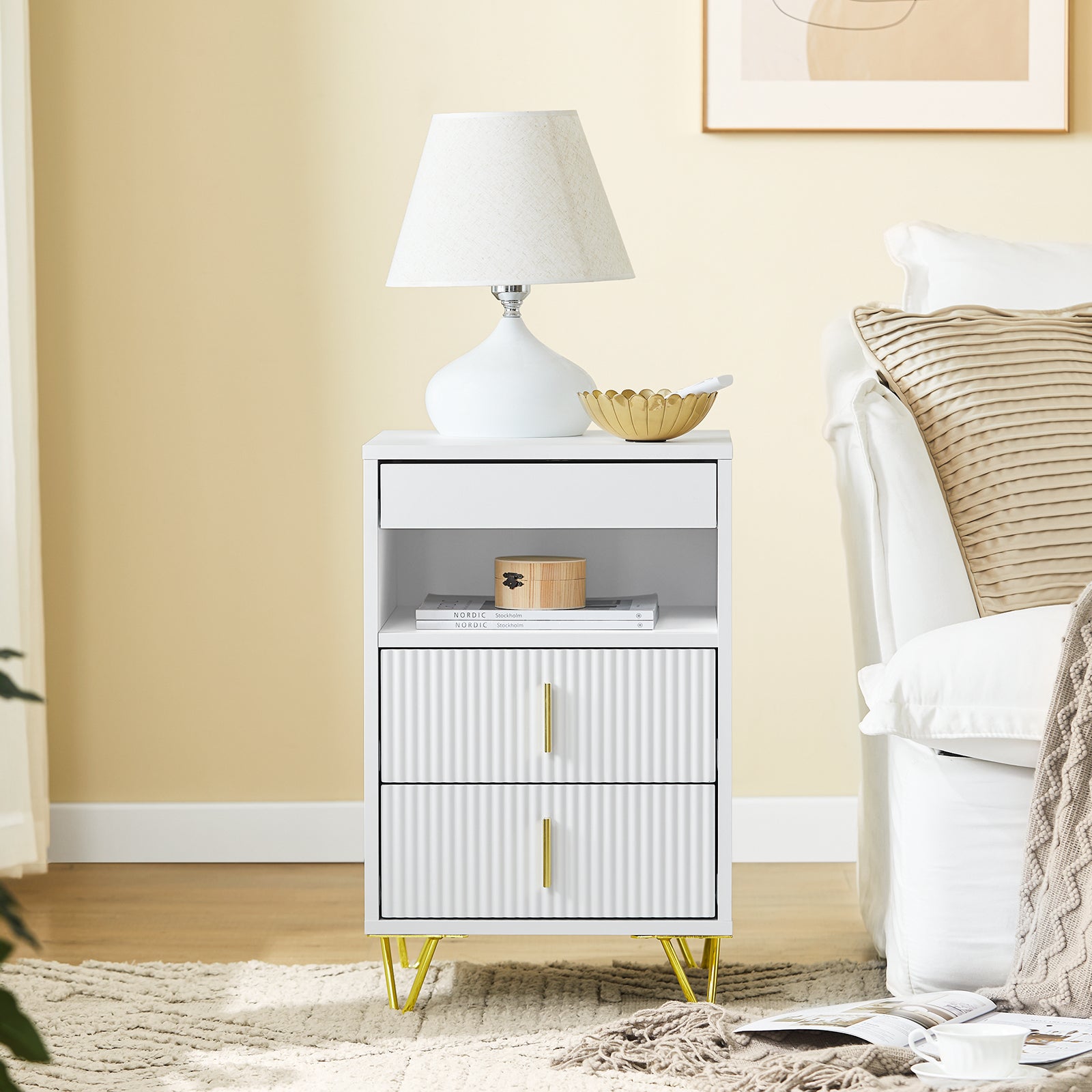 Vorverkauf | SoBuy | Nachttisch mit 3 Schubladen | Sofatisch | Beistelltisch | Weiß | FBT168-W