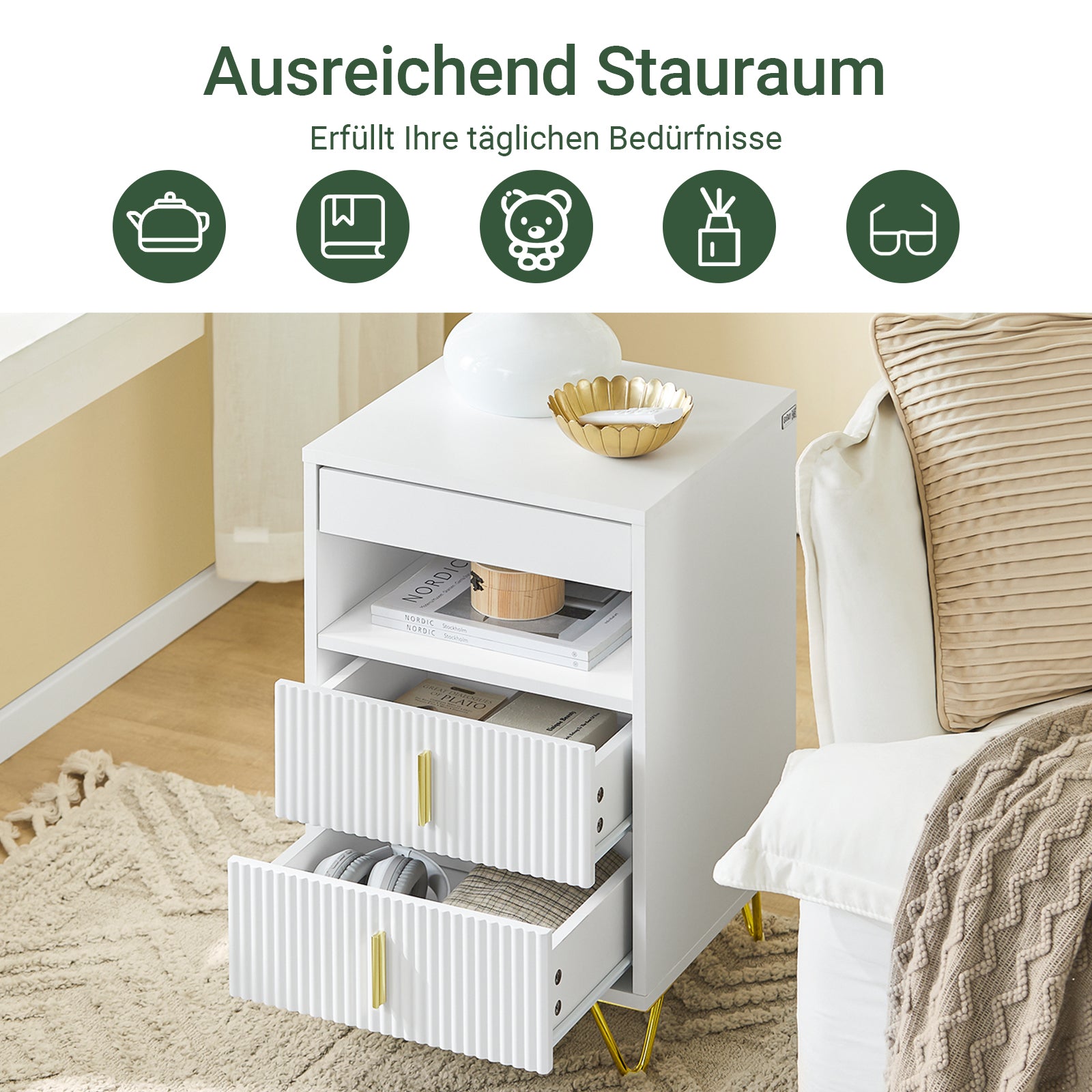 Vorverkauf | SoBuy | Nachttisch mit 3 Schubladen | Sofatisch | Beistelltisch | Weiß | FBT168-W