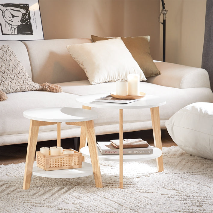 SoBuy | Set di 2 tavolini da caffè | Tavolino laterale | Legno di gomma | Bianco | FBT75-W