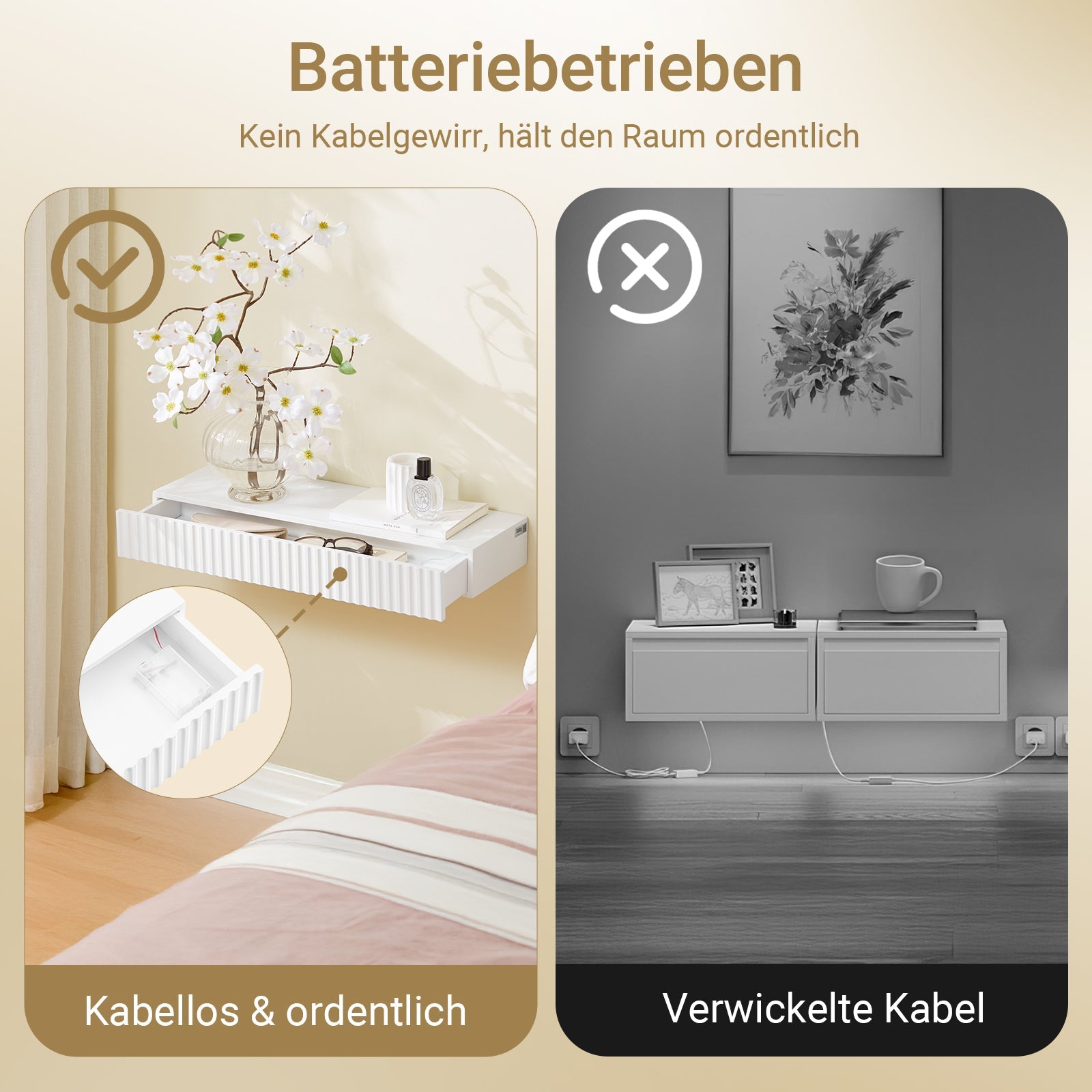 Vorverkauf | SoBuy | Schweberegal | mit Schublade | LED-Bewegungssensor-Licht | Wandschublade | Wandregal Weiß | FHK38-W