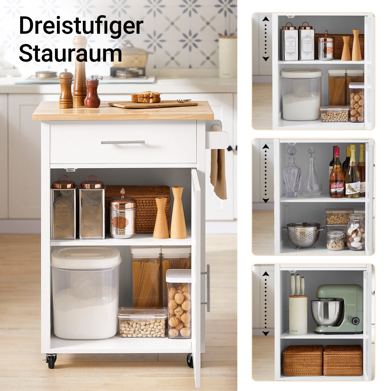 SoBuy | Desserte de Cuisine | Chariot de Service | Desserte Roulante | Blanc-Naturel | FKW102-WN
