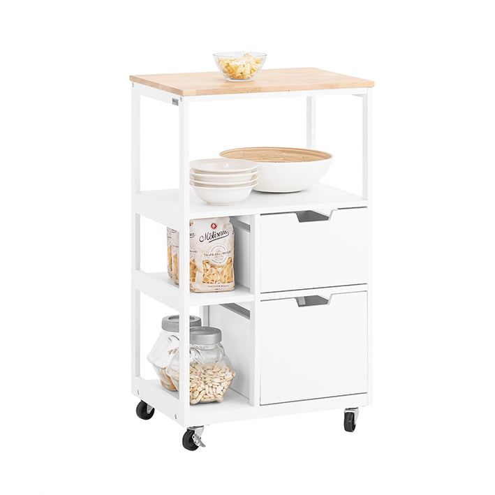 SoBuy | Carrello da cucina con 2 cassetti | Carrello di servizio | Bianco e naturale | FKW111-WN