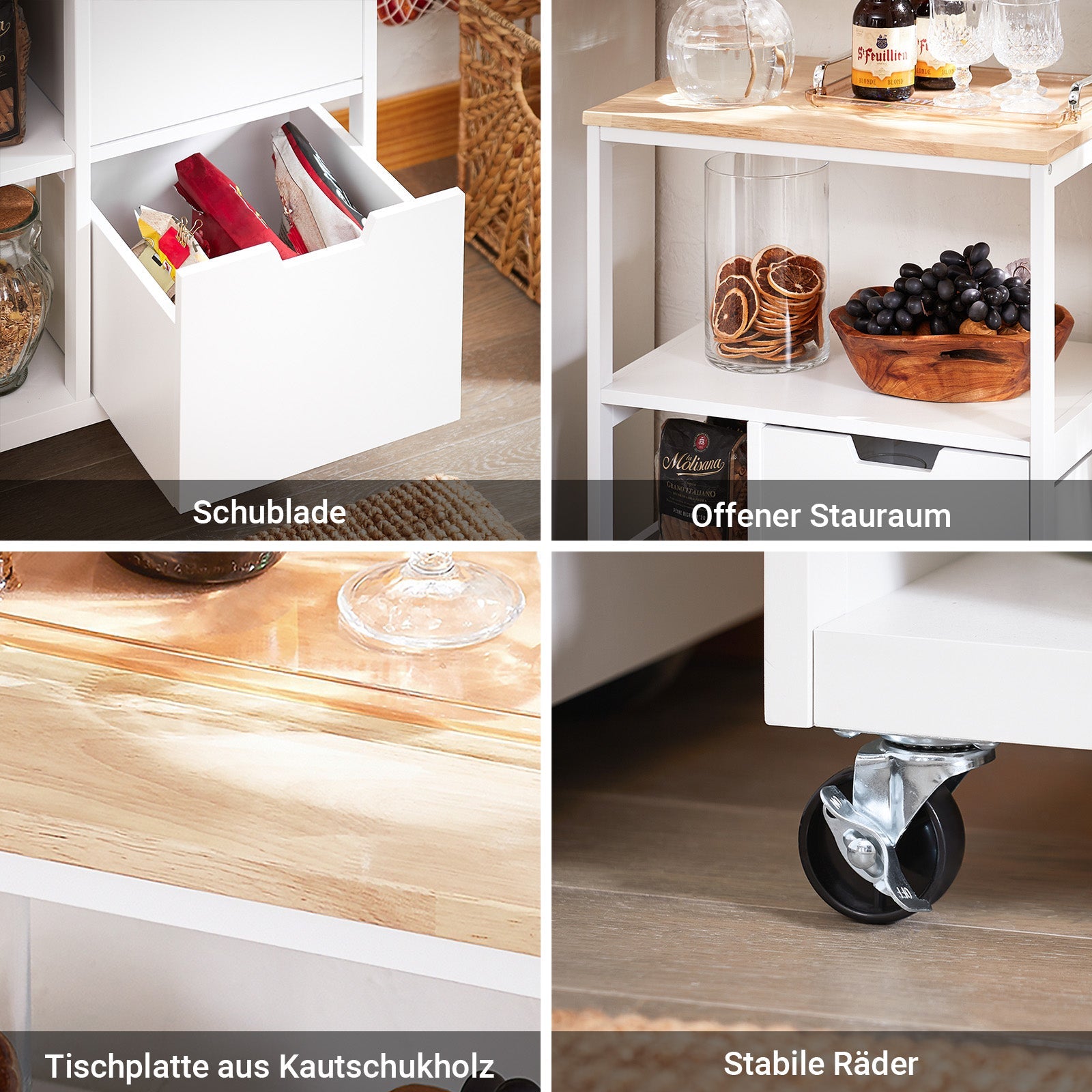 SoBuy | Carrello da cucina con 2 cassetti | Carrello di servizio | Bianco e naturale | FKW111-WN