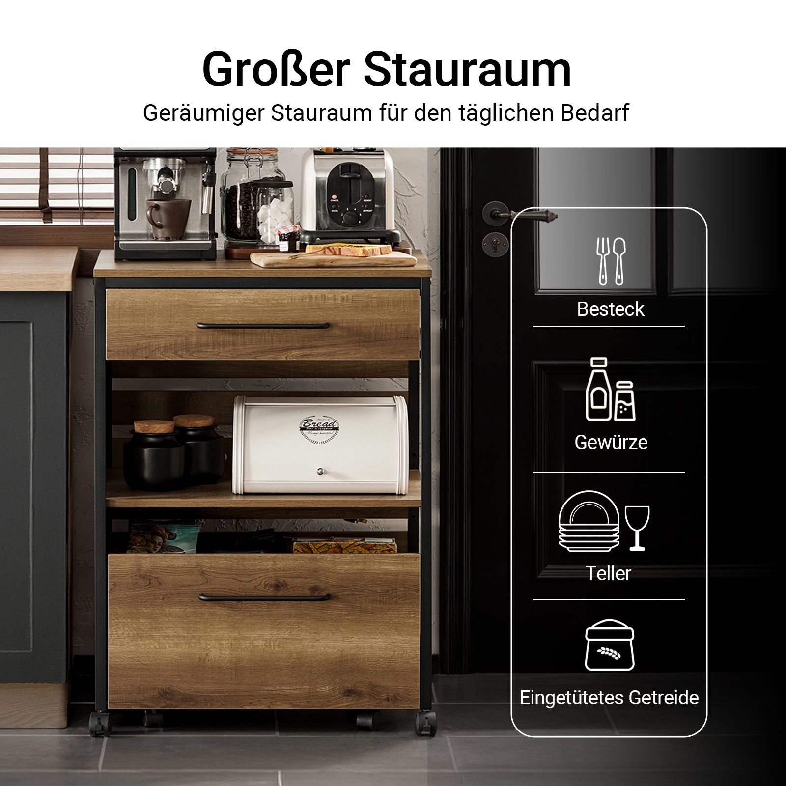 SoBuy | Servierwagen | mit 1 Aufbewahrungstruhe | Küchenwagen | Vintage | 60x90x45cm | FKW118-PF