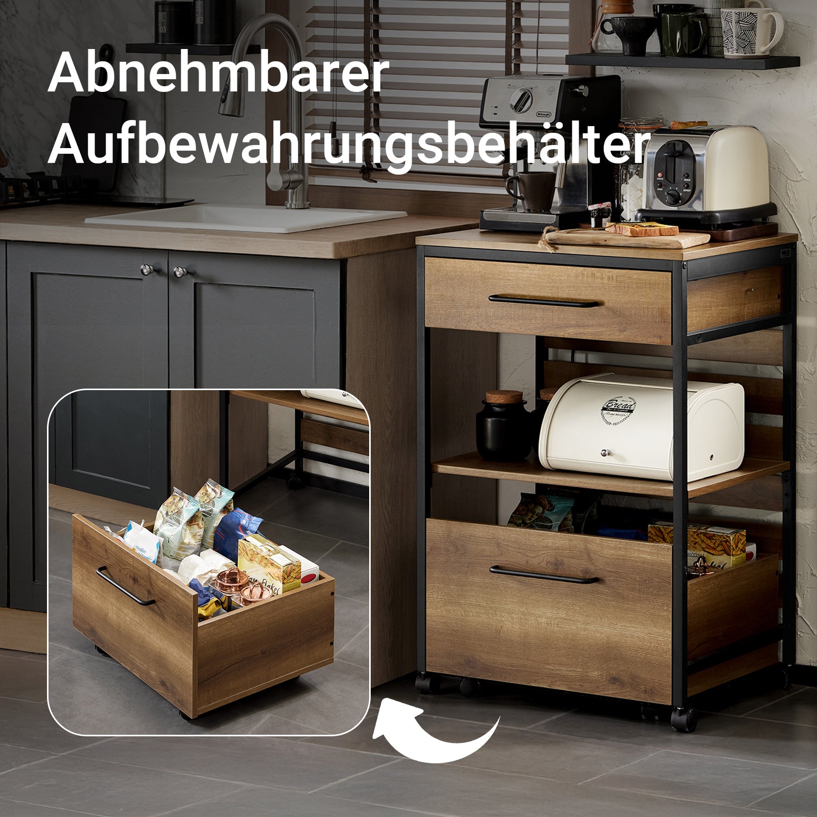 SoBuy | Servierwagen | mit 1 Aufbewahrungstruhe | Küchenwagen | Vintage | 60x90x45cm | FKW118-PF