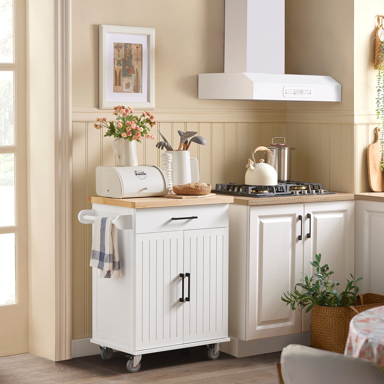 SoBuy | Chariot de cuisine | Chariot à roulettes | Meuble de cuisine | Chariot de service | Blanc naturel | FKW119-WN