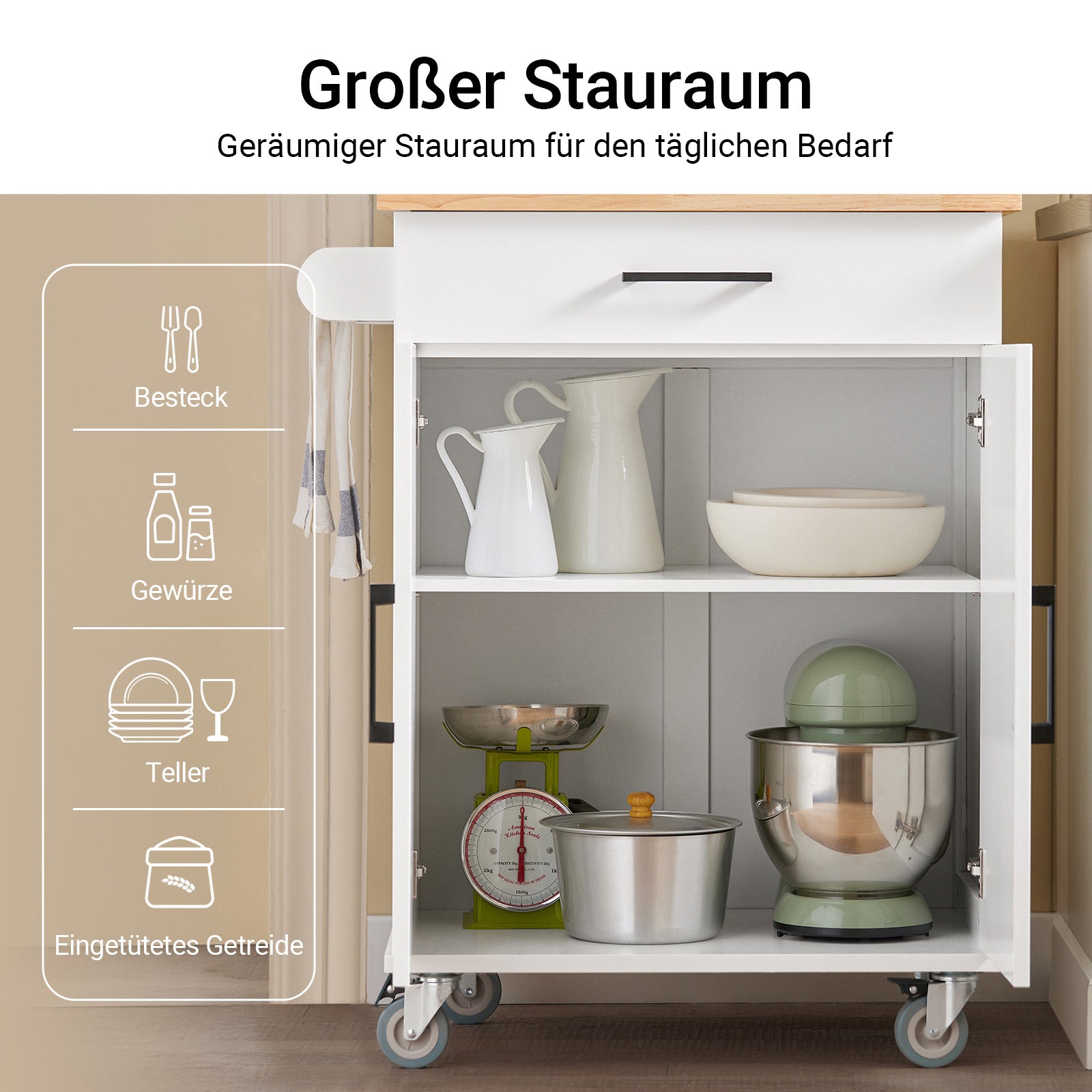 SoBuy | Chariot de cuisine | Chariot à roulettes | Meuble de cuisine | Chariot de service | Blanc naturel | FKW119-WN