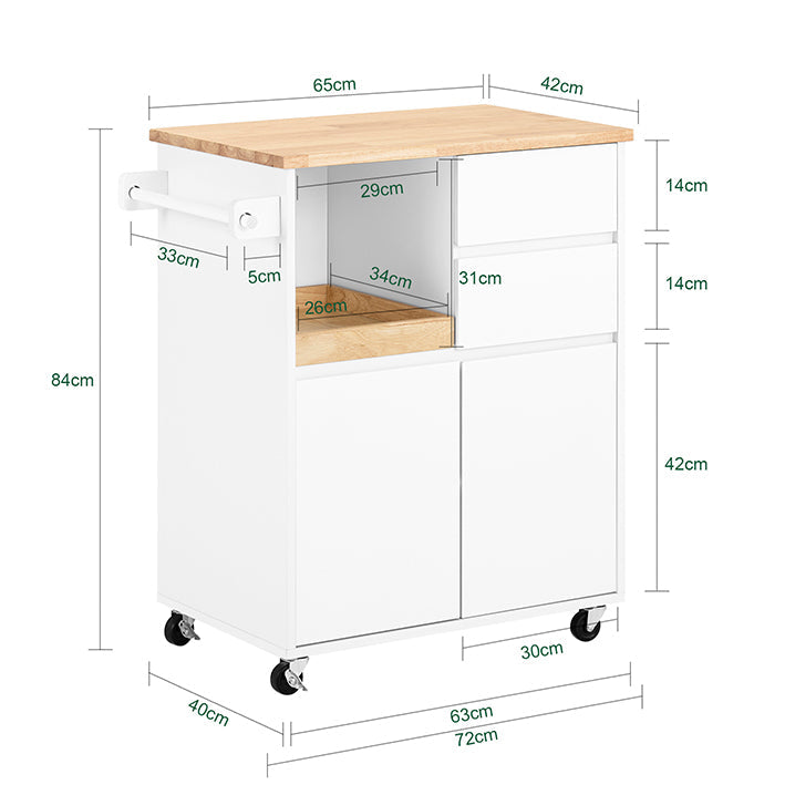 SoBuy | Carrello da cucina con piano di lavoro | Carrello di servizio con ruote | Bianco | 72x84x40cm FKW123-WN