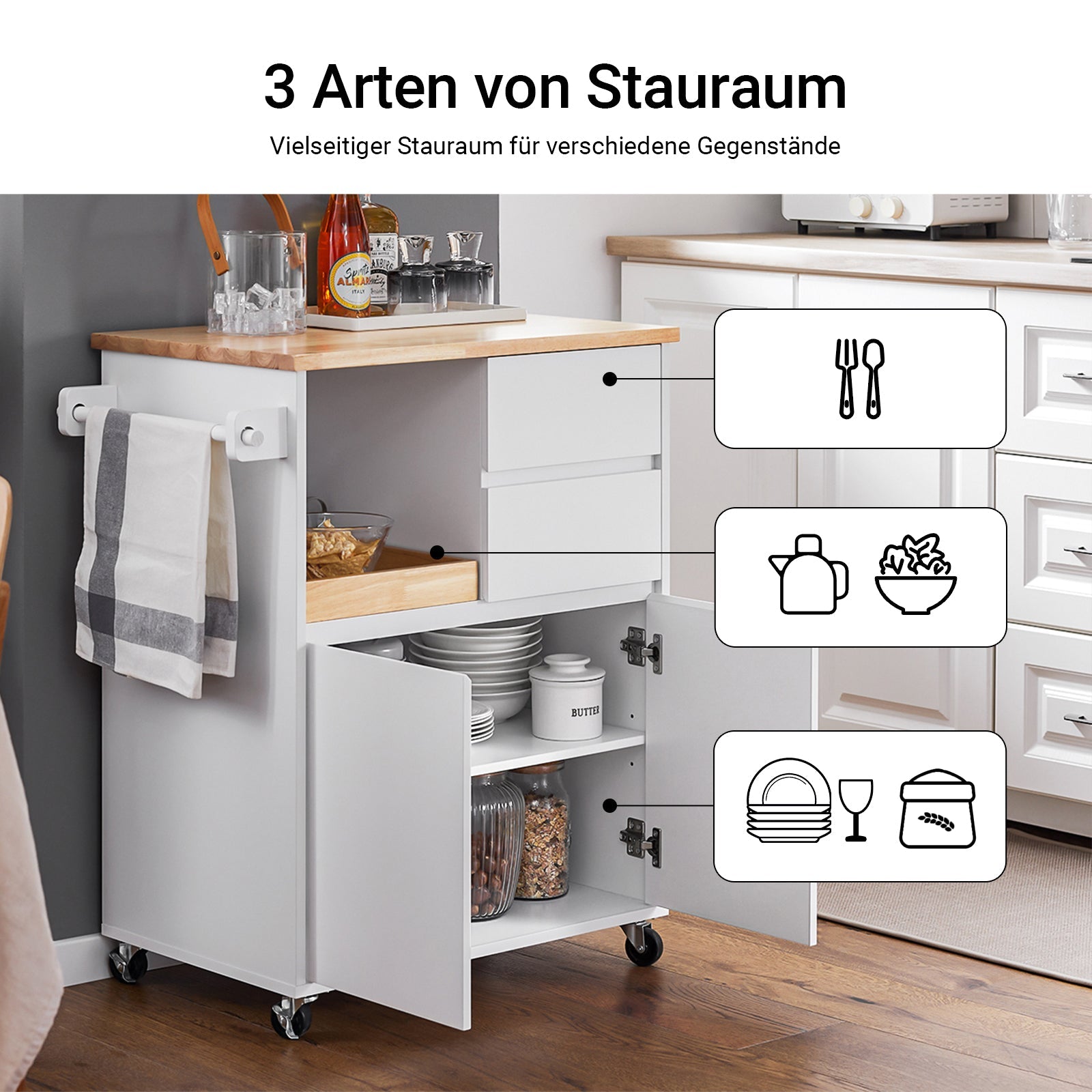 SoBuy | Carrello da cucina con piano di lavoro | Carrello di servizio con ruote | Bianco | 72x84x40cm FKW123-WN