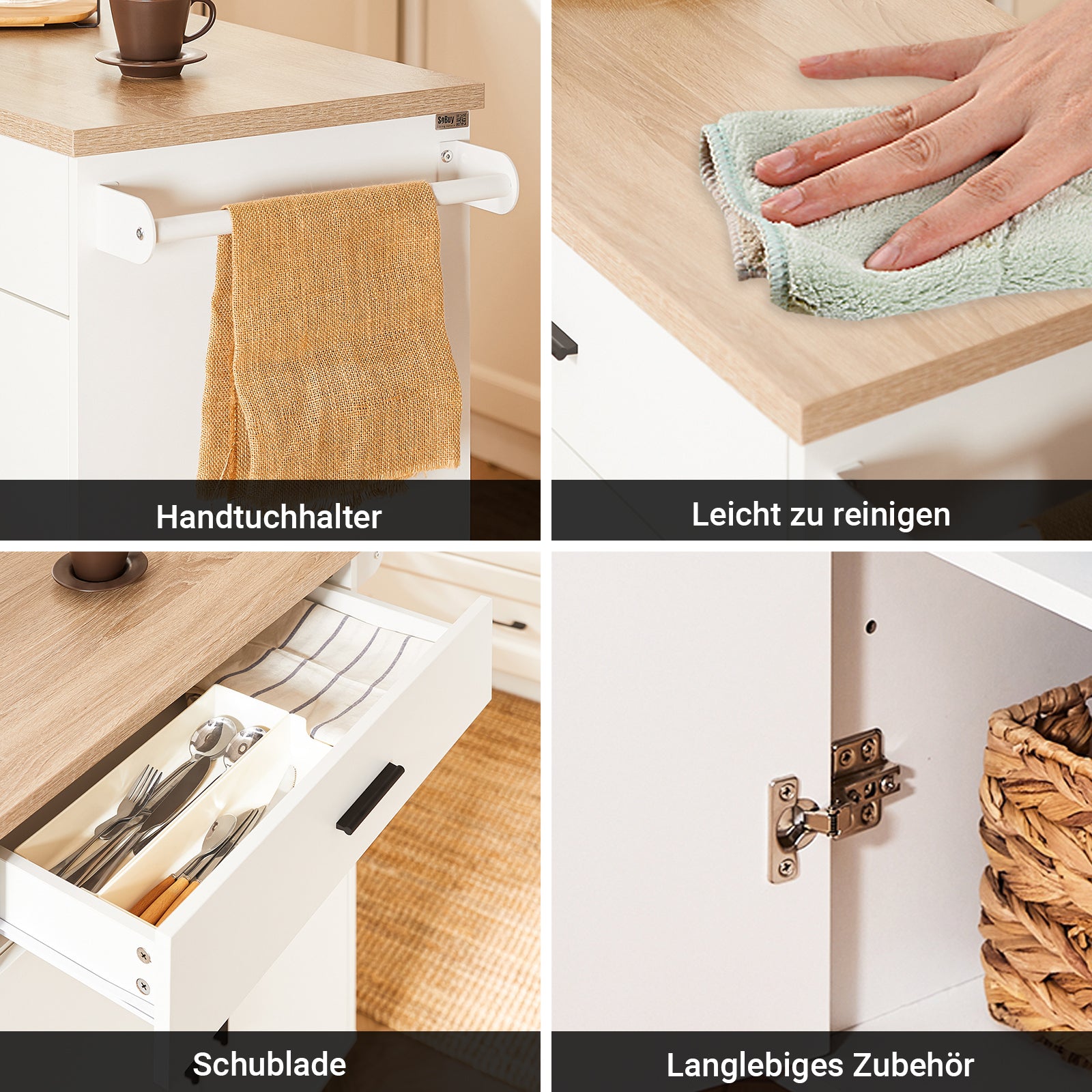 Prévente | SoBuy | Îlot de cuisine | avec étagère à épices | Buffet | Blanc | 105 x 92 x 46 cm | FKW126-WN