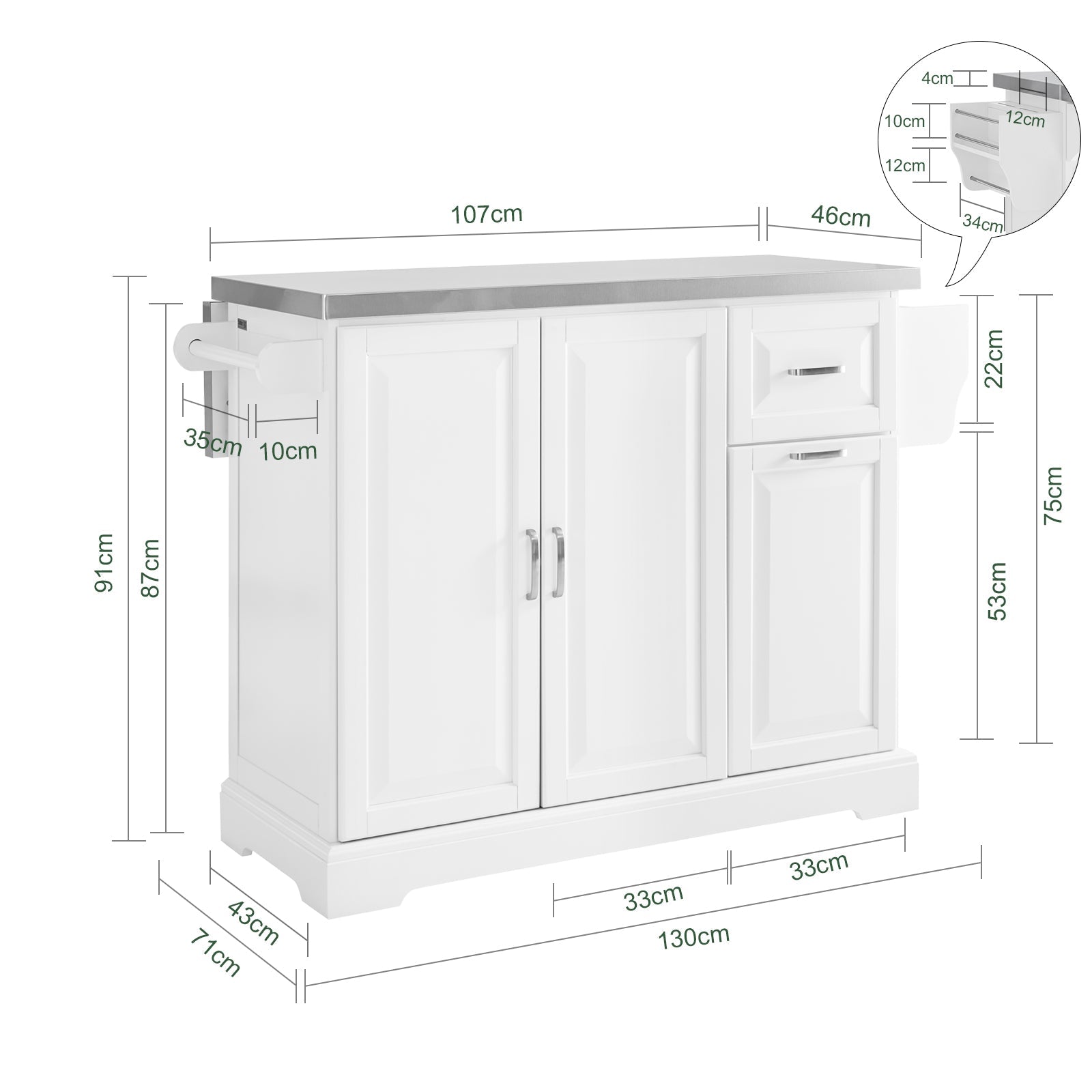 SoBuy | Îlot de cuisine avec 2 tiroirs | Chariot de cuisine avec plan de travail extensible | Meuble de cuisine Blanc | FKW128-ST