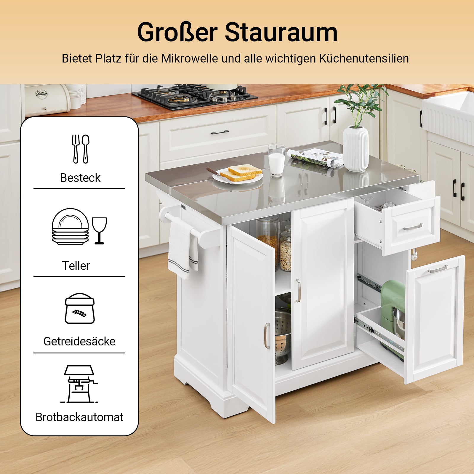 SoBuy | Kücheninsel mit 2 Schubladen | Küchenwagen mit erweiterbarer Arbeitsfläche | Küchenschrank Weiß | FKW128-ST