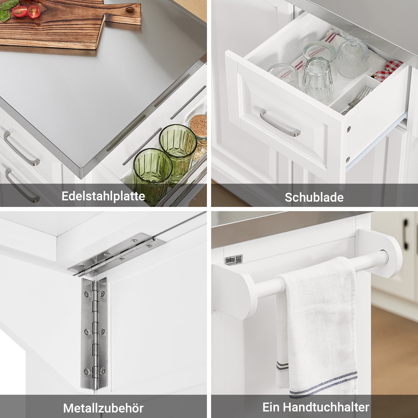 SoBuy | Îlot de cuisine avec 2 tiroirs | Chariot de cuisine avec plan de travail extensible | Meuble de cuisine Blanc | FKW128-ST