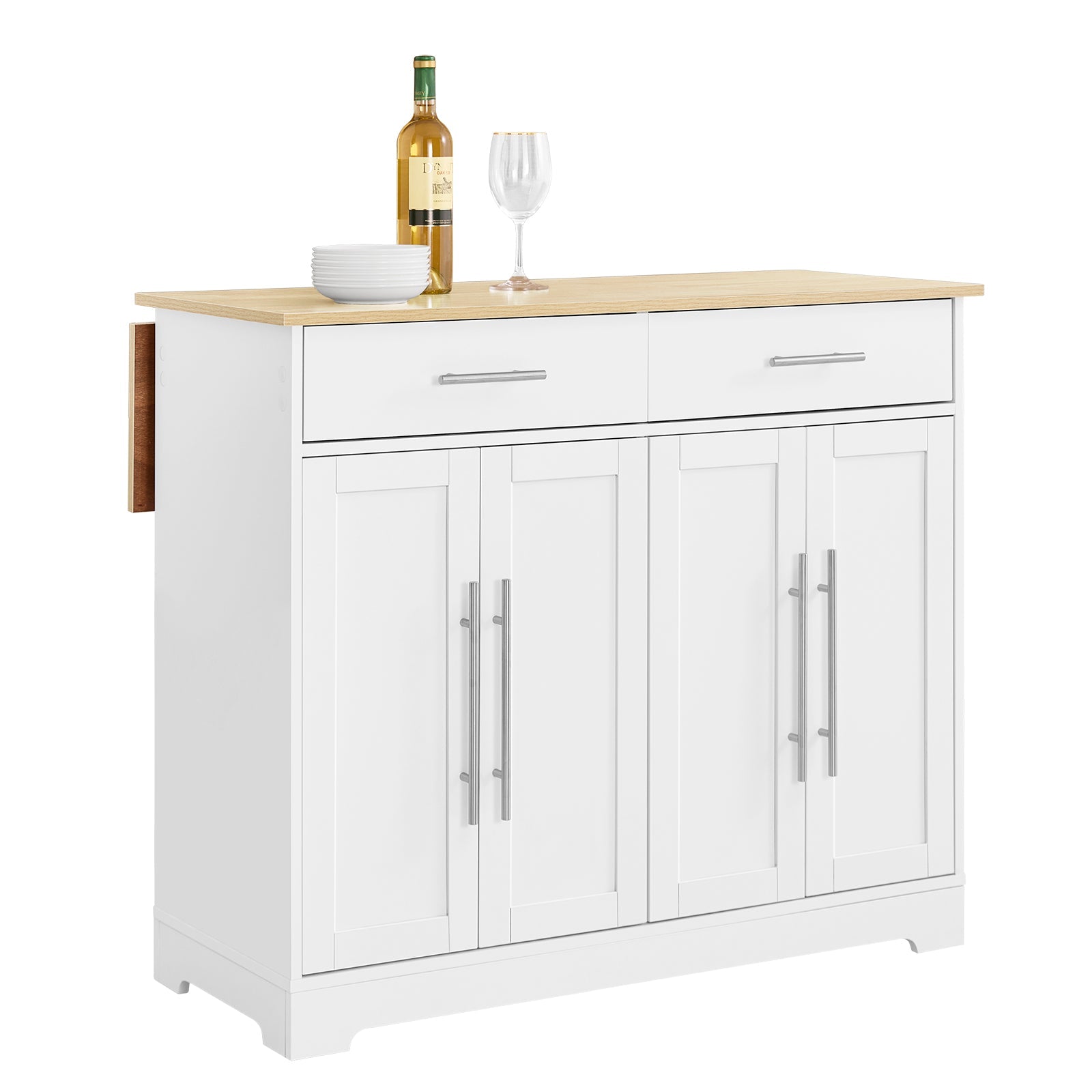 Prévente | SoBuy | Îlot de cuisine à roulettes | avec plateau coulissant | Tiroirs | Blanc | 113x91x(44-69) cm | FKW129-WN