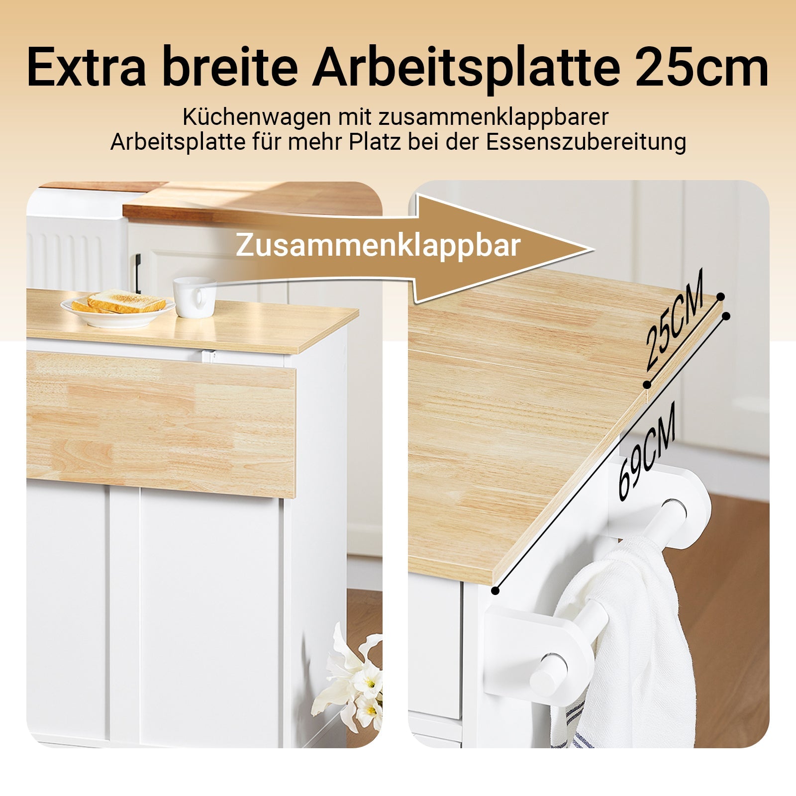 Prévente | SoBuy | Îlot de cuisine à roulettes | avec plateau coulissant | Tiroirs | Blanc | 113x91x(44-69) cm | FKW129-WN