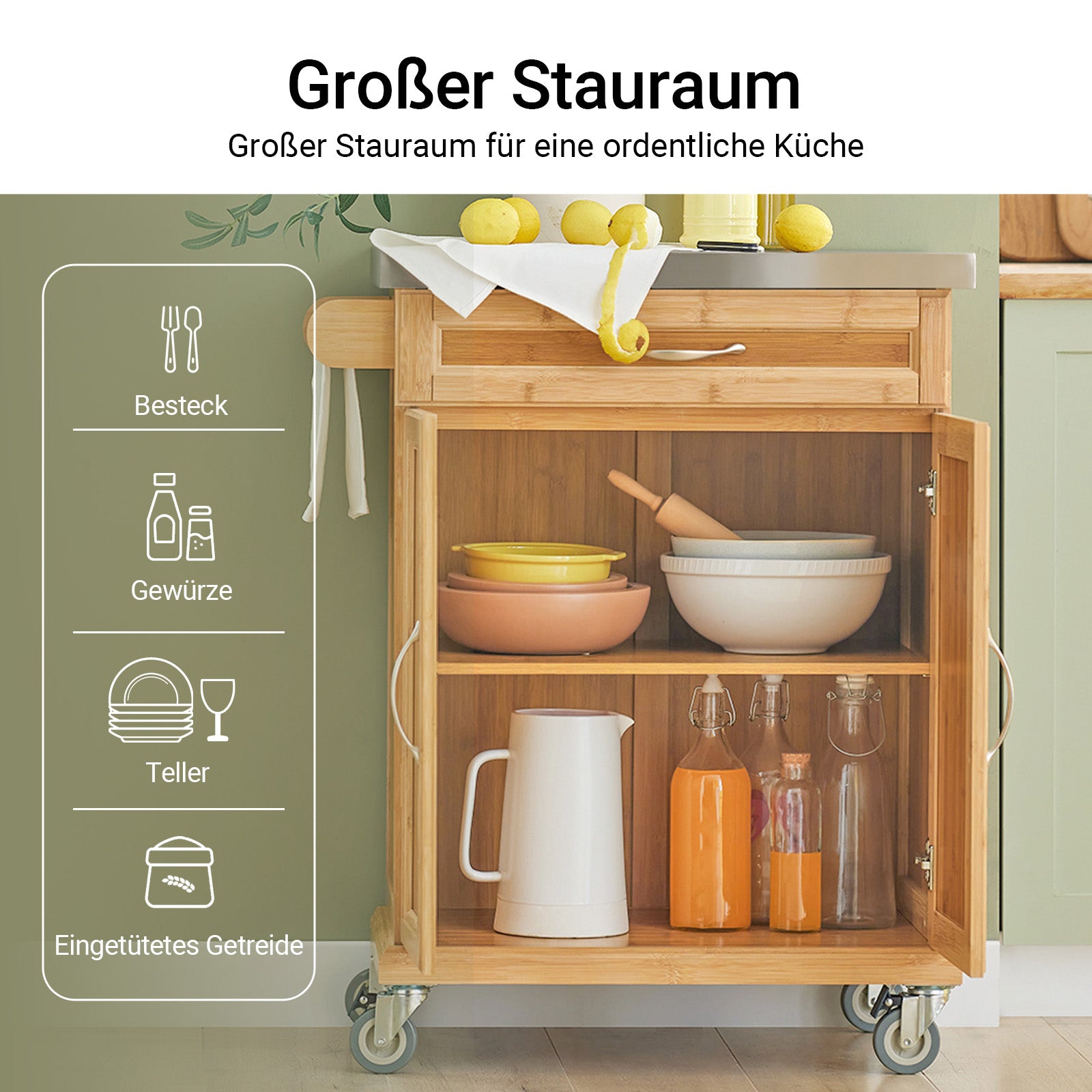 SoBuy | Chariot de cuisine | Meuble de cuisine en bambou | Chariot de service | FKW13-N