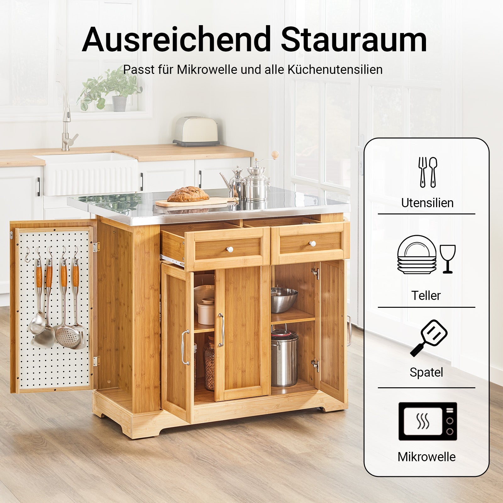 SoBuy | Îlot de cuisine | Desserte de cuisine avec plan de travail extensible | Meuble de cuisine en bambou | FKW130-N