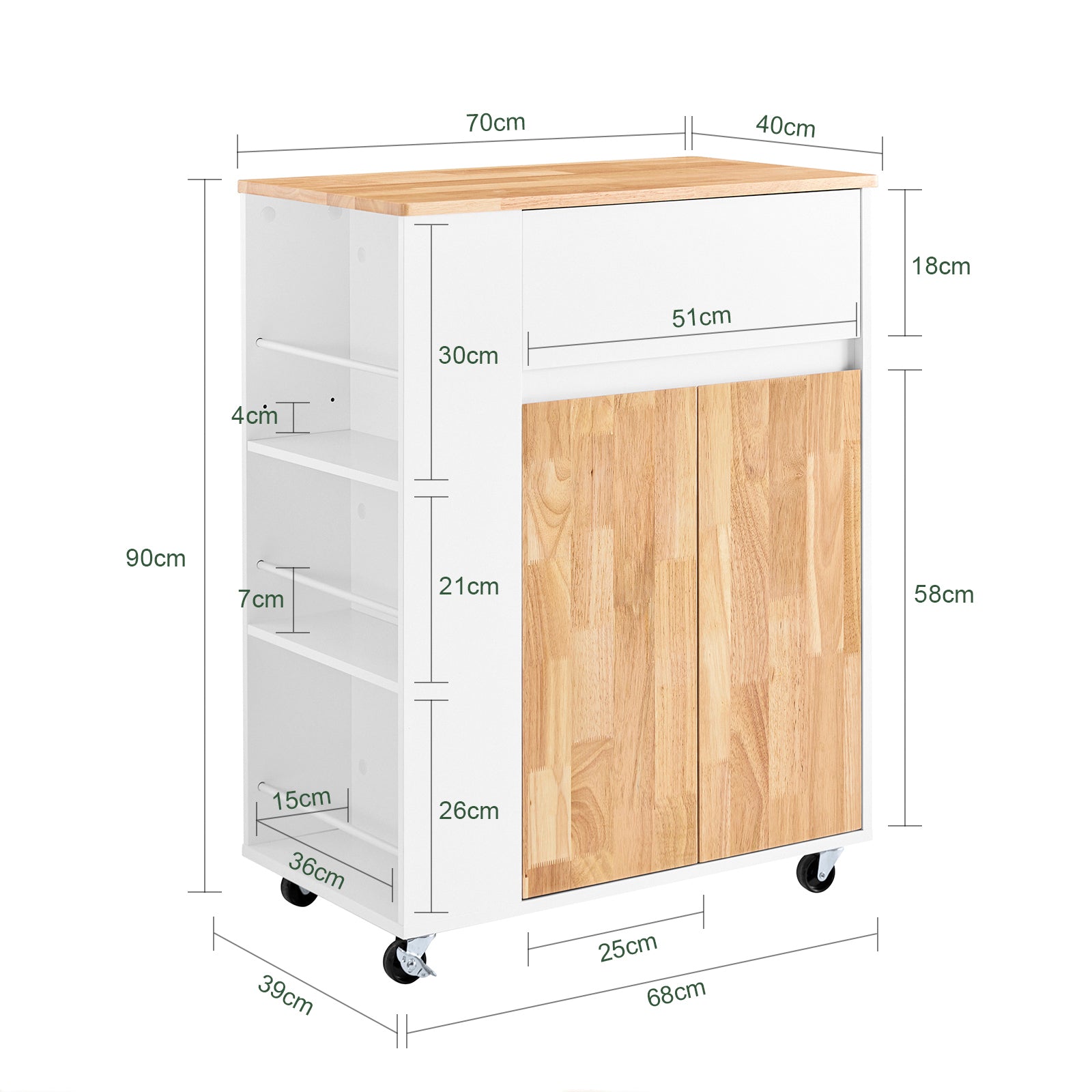 SoBuy Chariot de cuisine avec plan de travail Desserte à roulettes Blanc L70 x H90 x P40 cm FKW132-WN