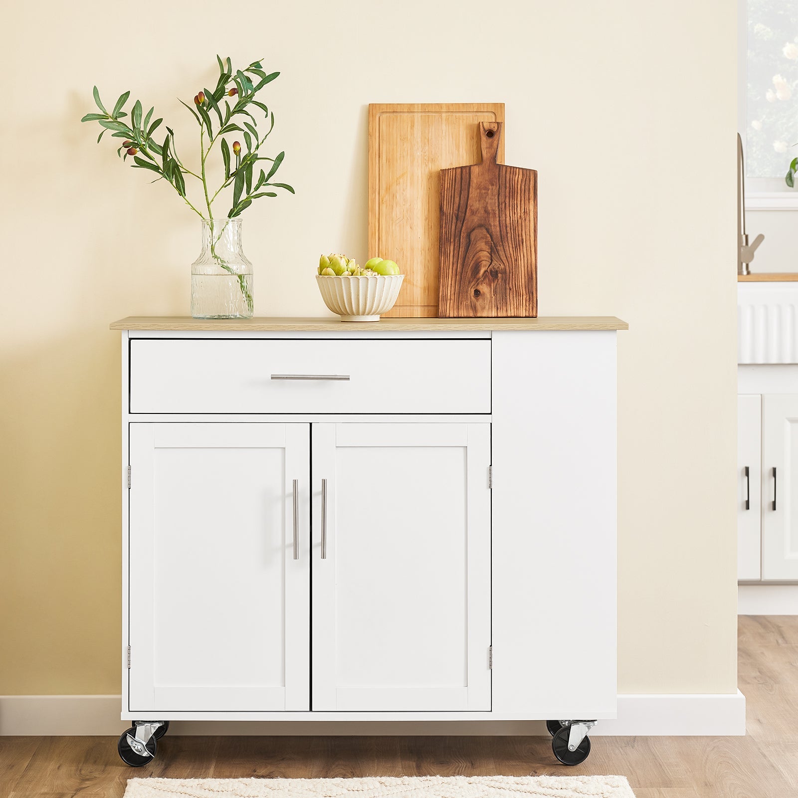 SoBuy Servierwagen mit Rollen - Detailansicht Schublade und Schrank