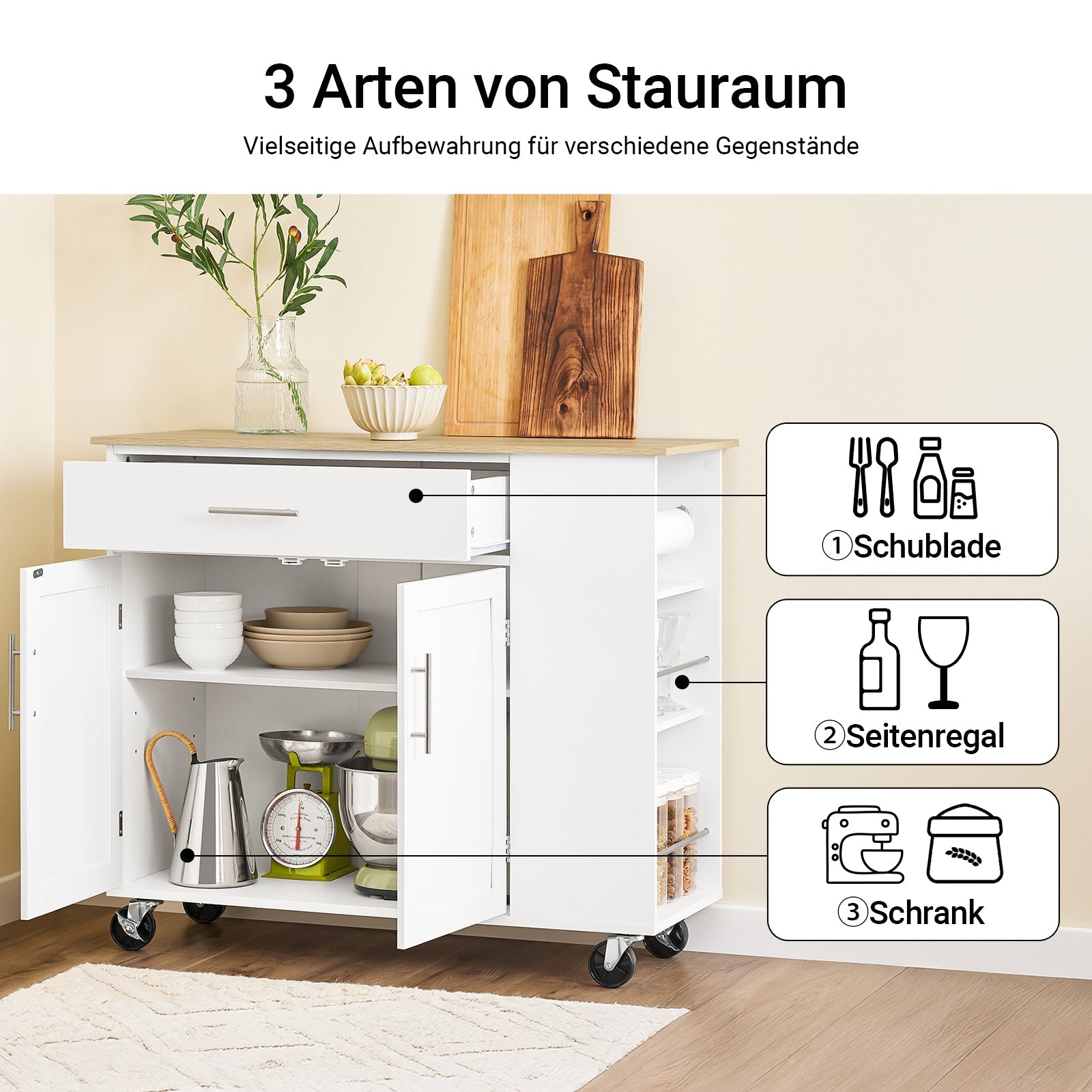 SoBuy Küchenwagen FKW133-WN - Seitenansicht mit offenen Fächern
