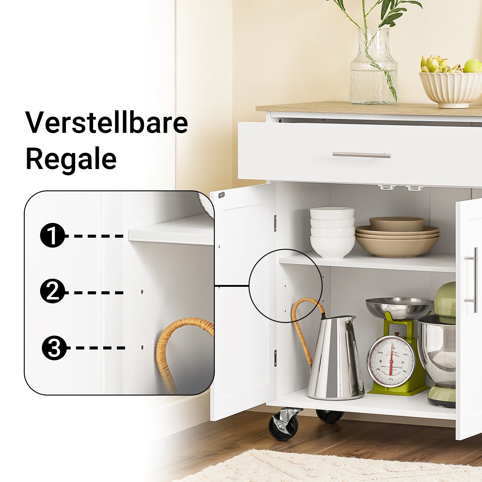 SoBuy Kücheninsel FKW133-WN - Detailansicht verstellbarer Regalboden