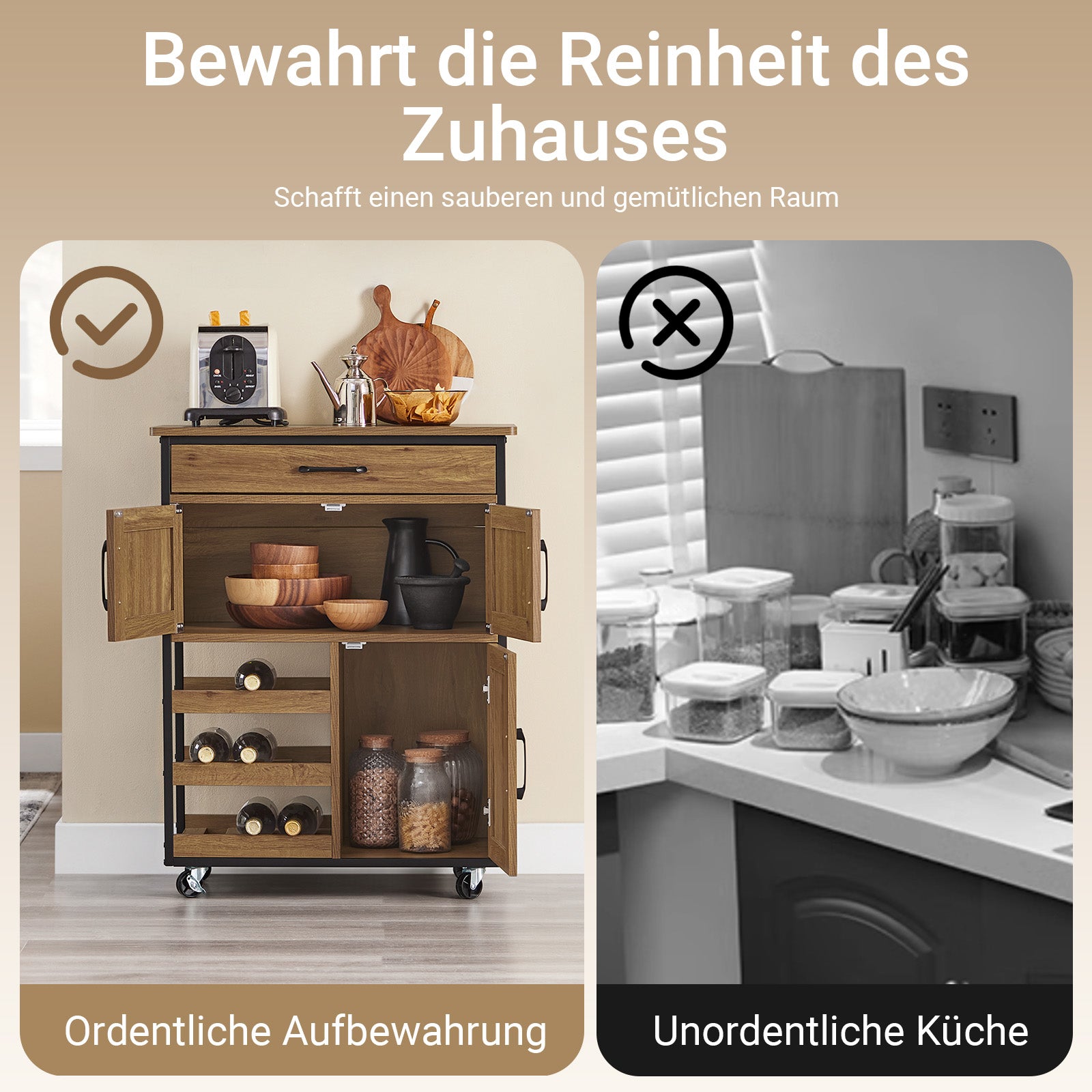 SoBuy | Servierwagen mit Rollen | Küchenwagen mit Arbeitsplatte | Vintagebraun | 67x88x37cm | FKW134-N