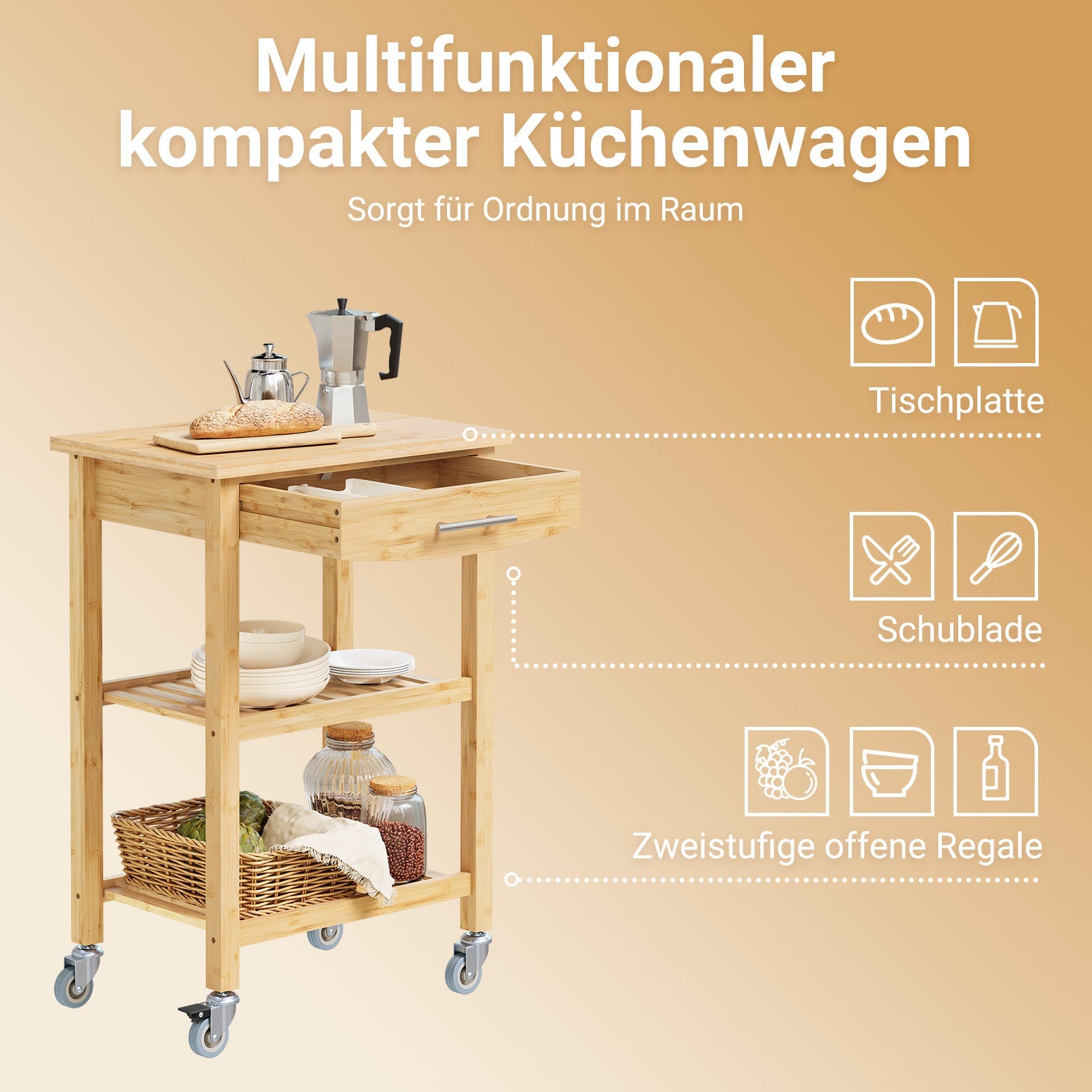 SoBuy | Chariot de cuisine en bambou carbonisé | 58×86×40cm | FKW135-N