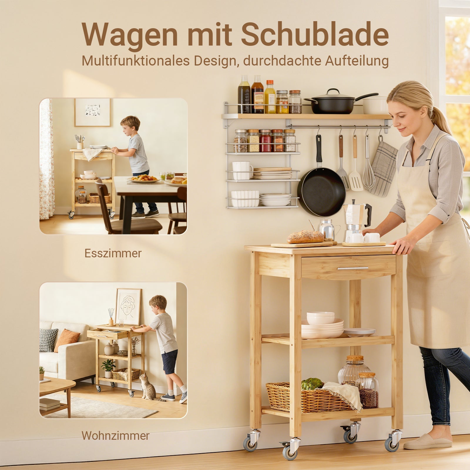 SoBuy | Carrello da cucina in bambù carbonizzato | 58×86×40cm | FKW135-N