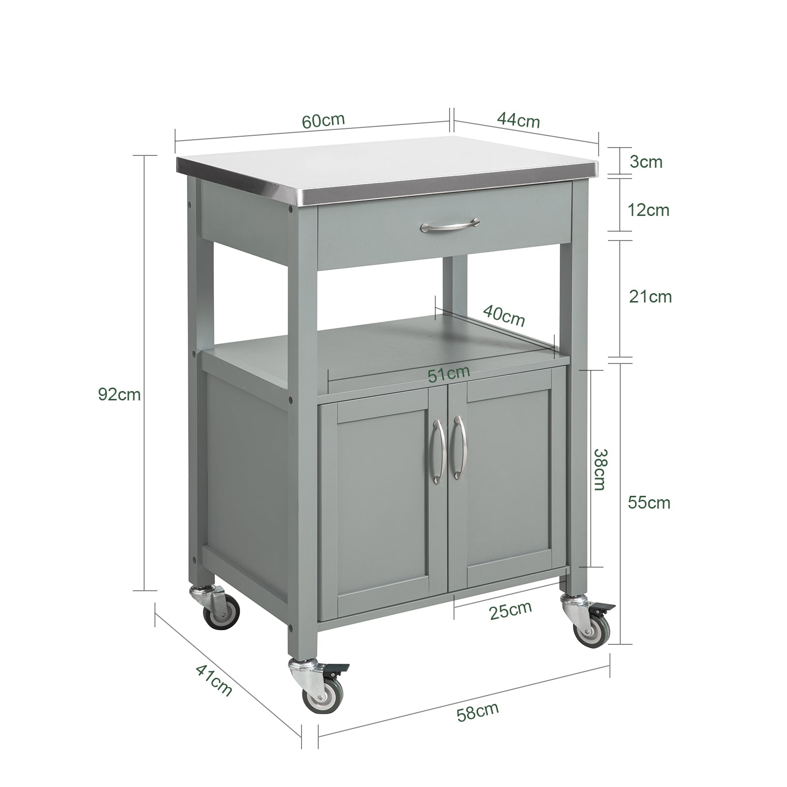 SoBuy Küchenwagen Servierwagen aus Edelstahl Hellgrau 60x92x44cm FKW22-HG