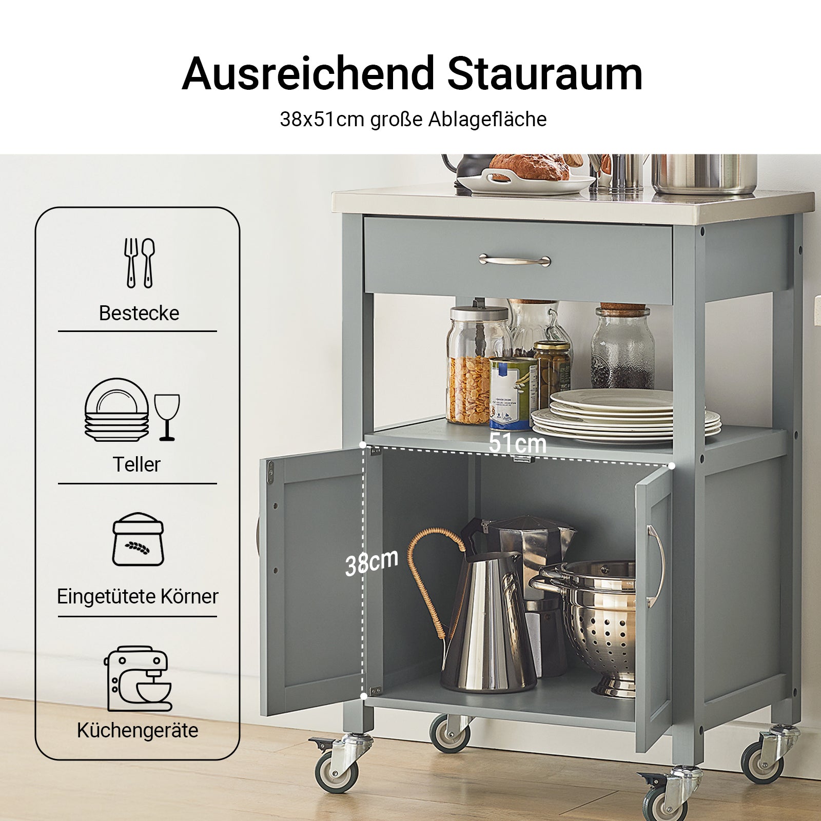 SoBuy Chariot de cuisine Desserte en acier inoxydable Gris clair 60x92x44cm FKW22-HG