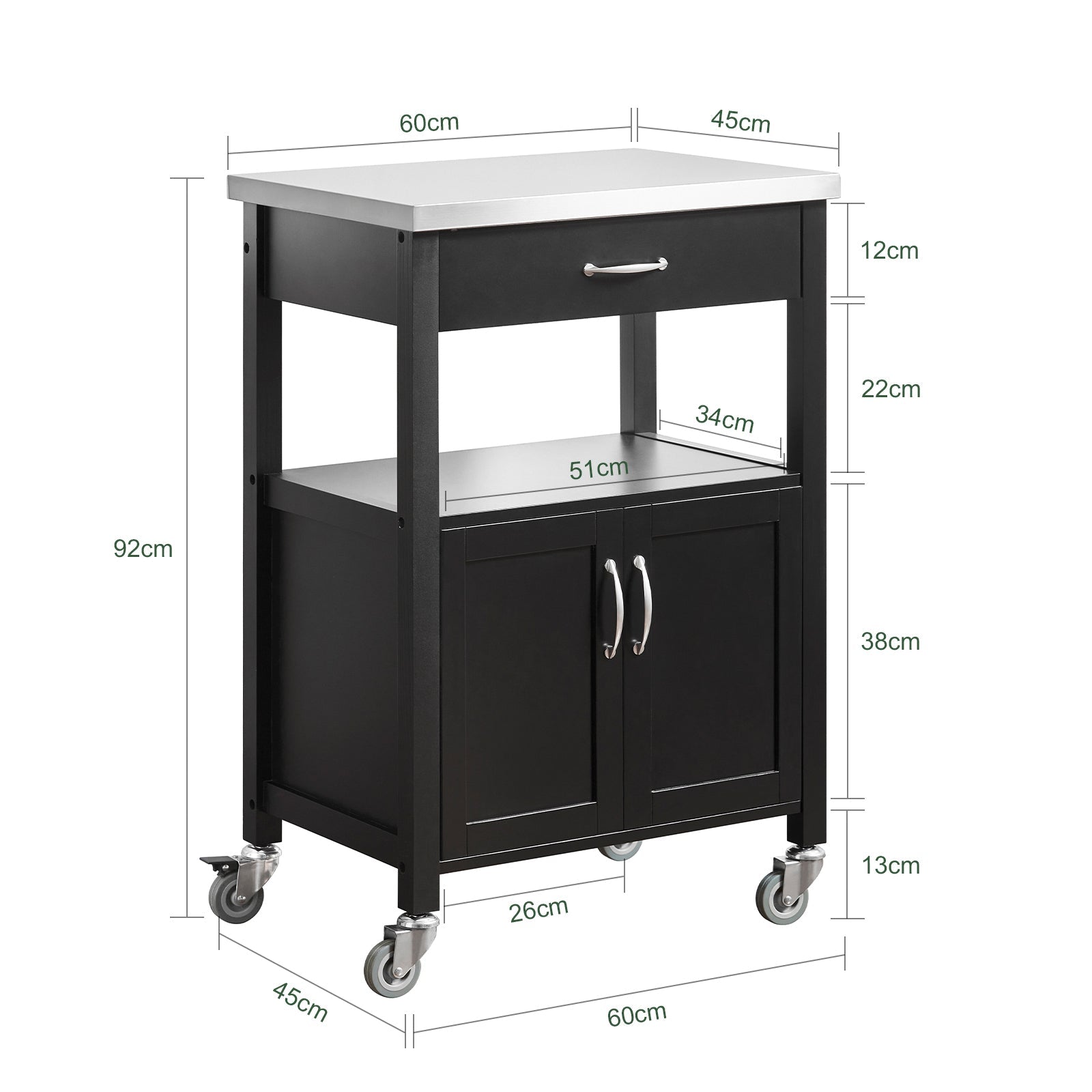 SoBuy Desserte de cuisine Chariot de service en acier inoxydable Noir 60x92x45cm FKW22-SCH