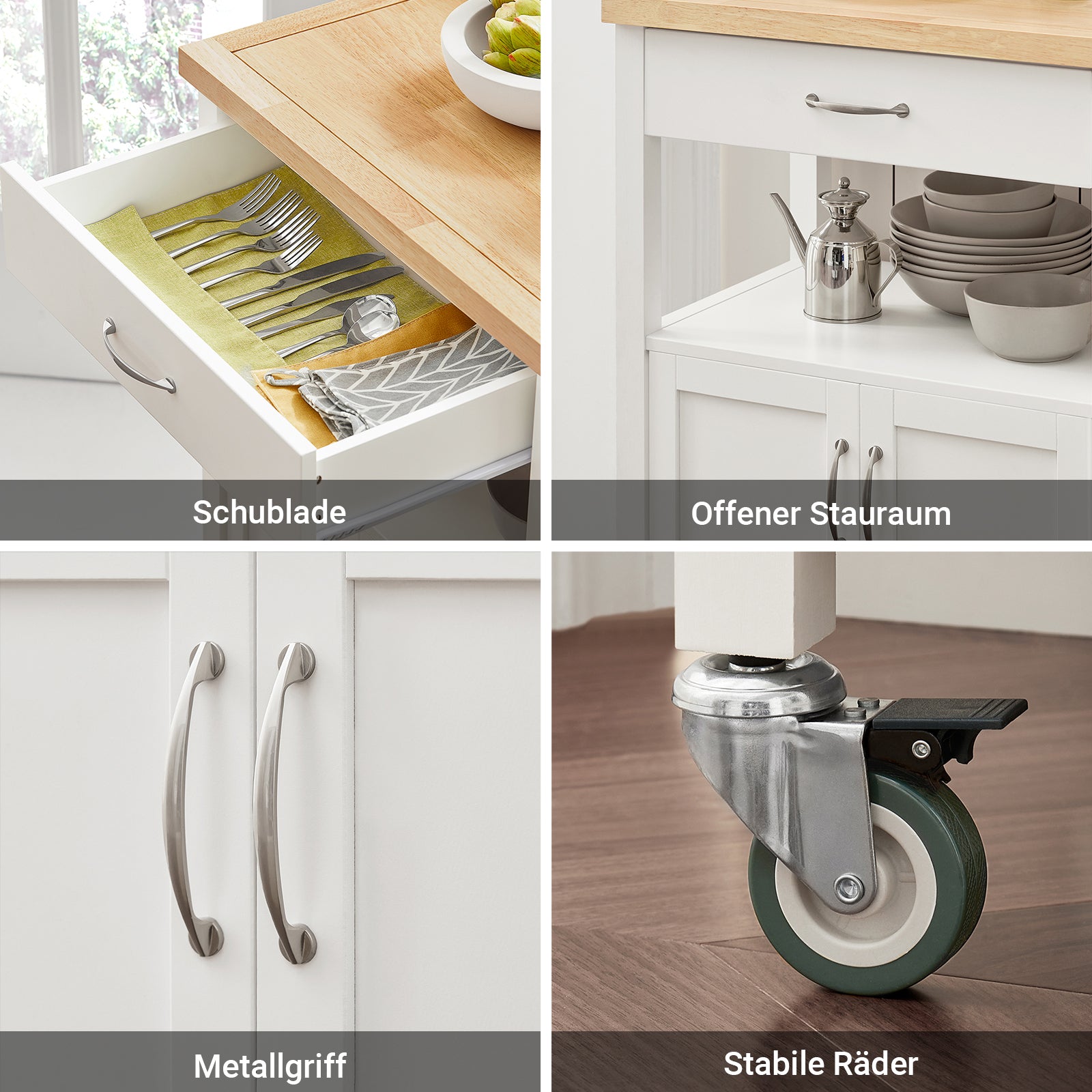 SoBuy | Chariot de service | en bois d'hévéa | Blanc naturel | 60 x 92 x 45 cm | FKW22-WN