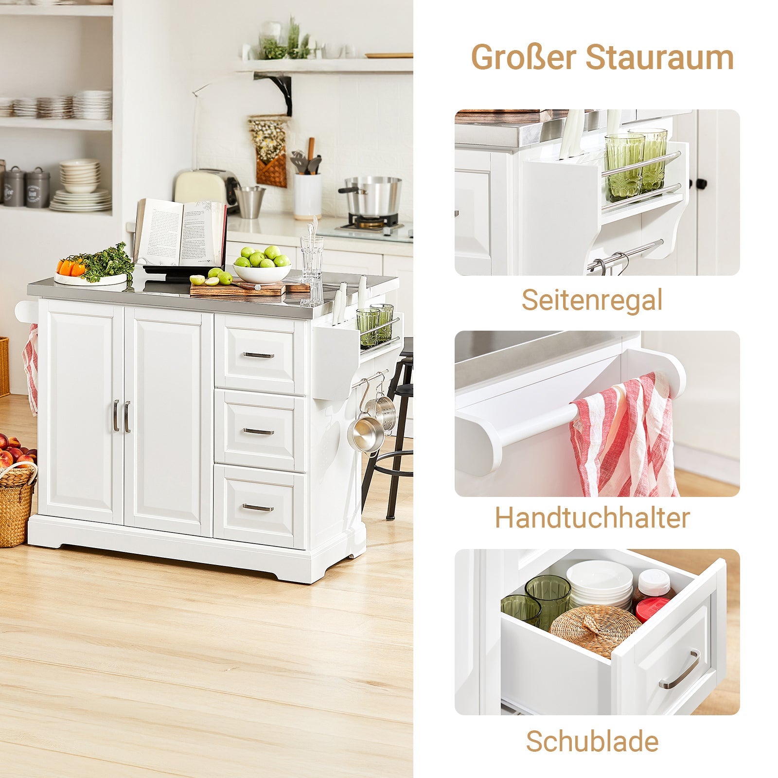 SoBuy | Isola da cucina | Carrello da cucina con piano di lavoro estensibile | Armadio da cucina bianco | FKW41-ST