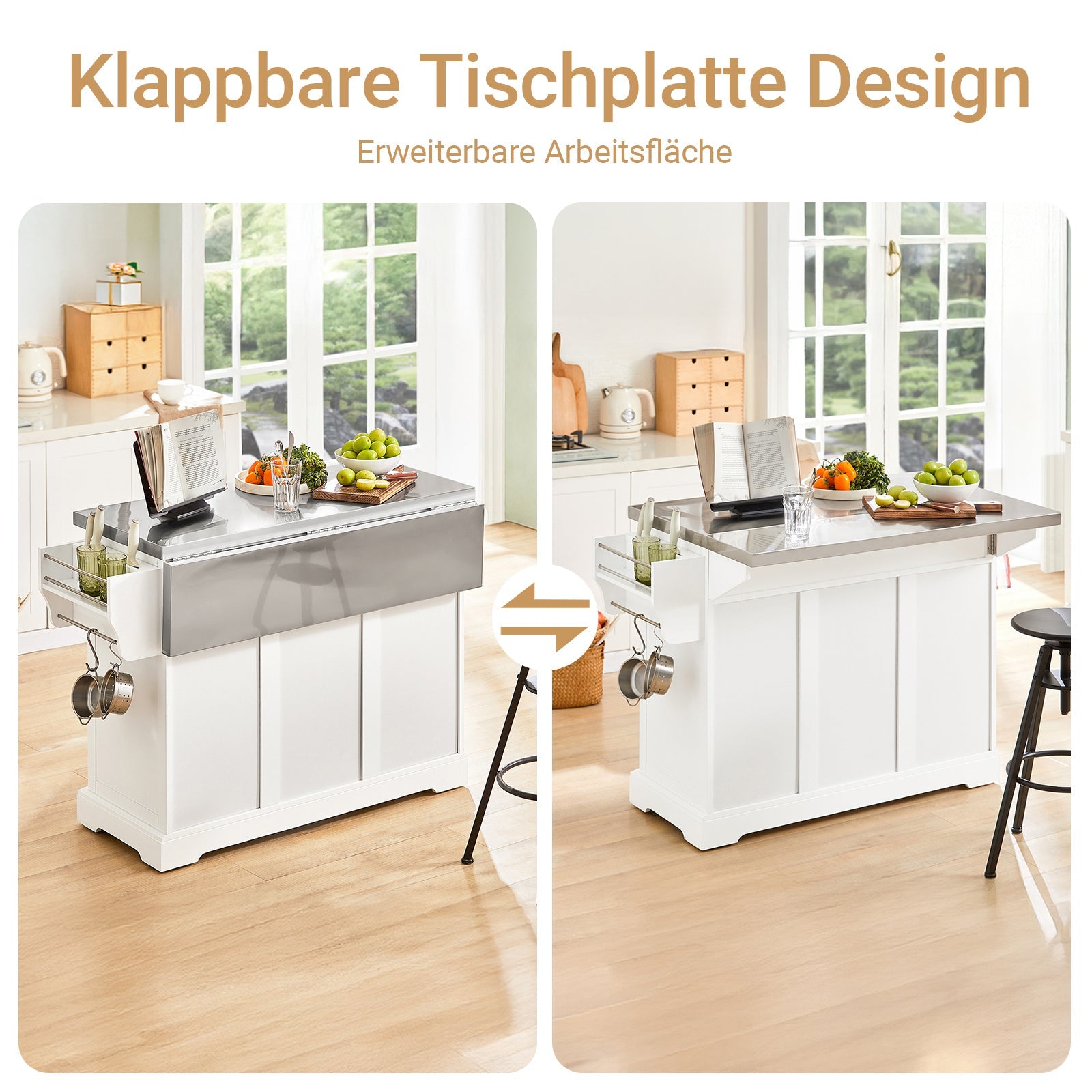 SoBuy | Isola da cucina | Carrello da cucina con piano di lavoro estensibile | Armadio da cucina bianco | FKW41-ST