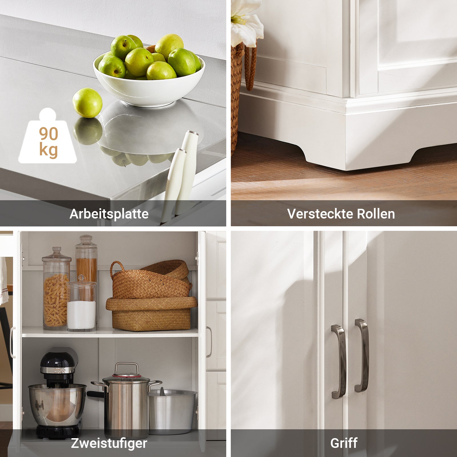 SoBuy | Isola da cucina | Carrello da cucina con piano di lavoro estensibile | Armadio da cucina bianco | FKW41-ST