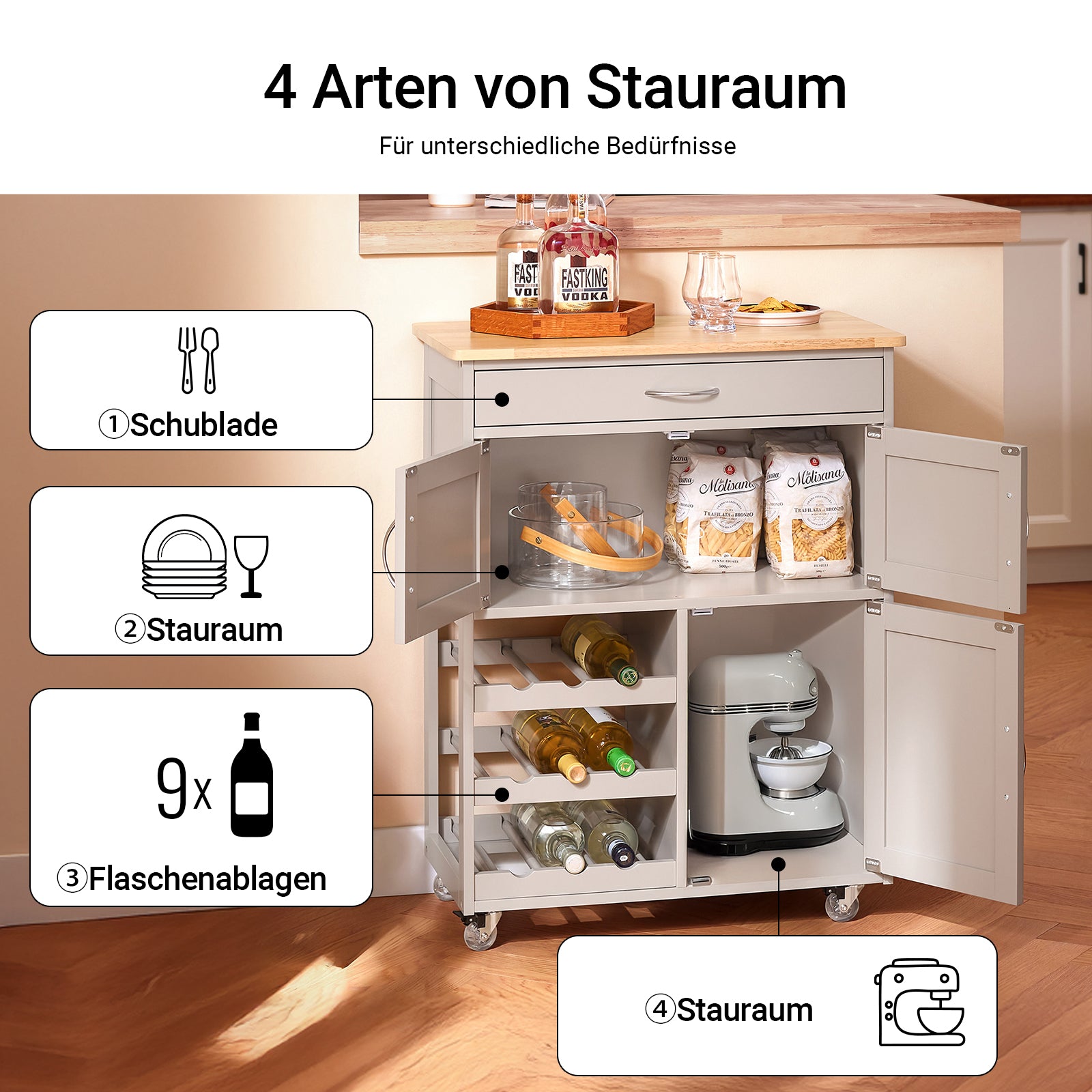 SoBuy | Chariot de service | avec étagères à bouteilles | Chariot de cuisine | Kaki | 67 x 86 x 38 cm | FKW45-KA