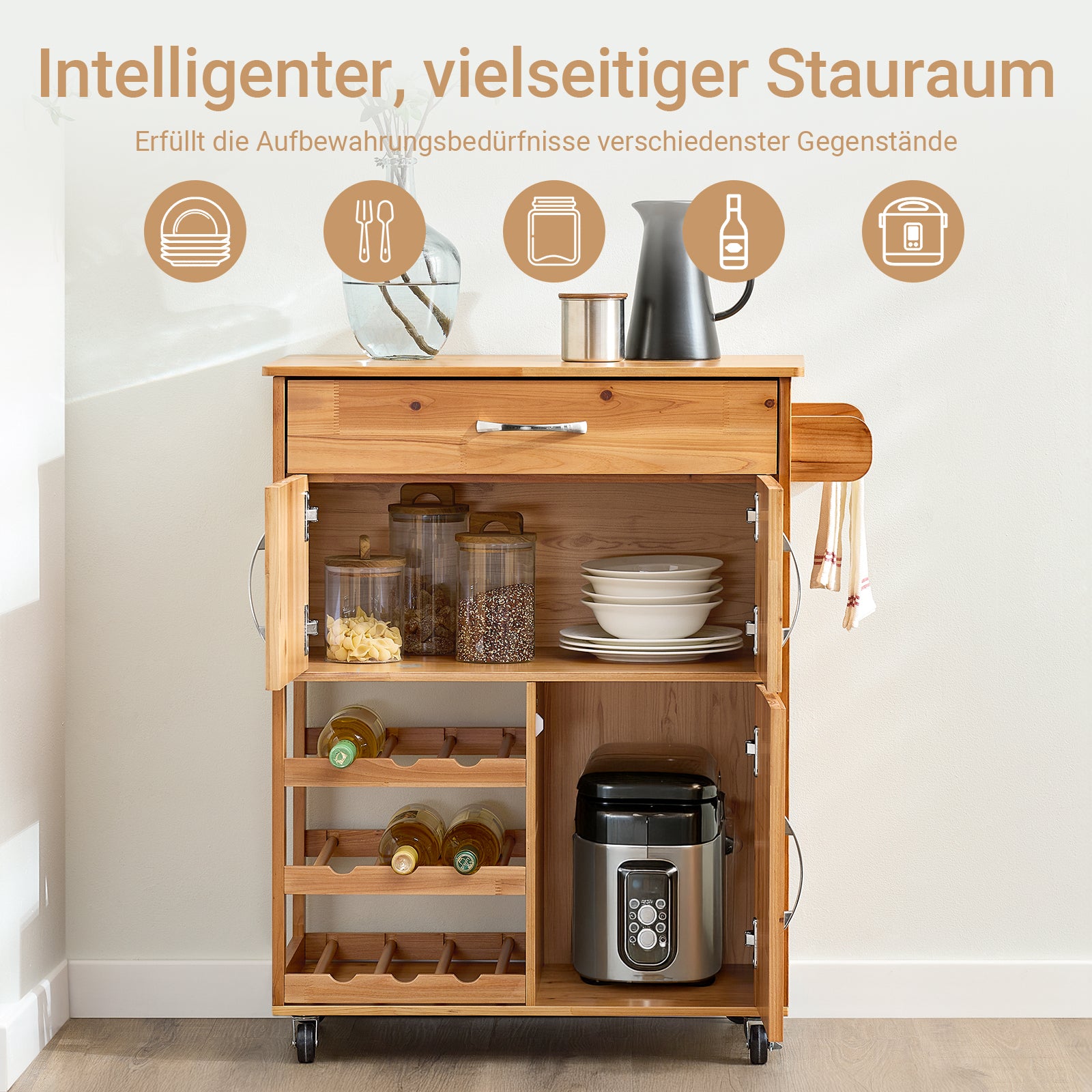 SoBuy | Servierwagen | mit Flaschenablagen Küchenwagen | Naturfarben | FKW45-N