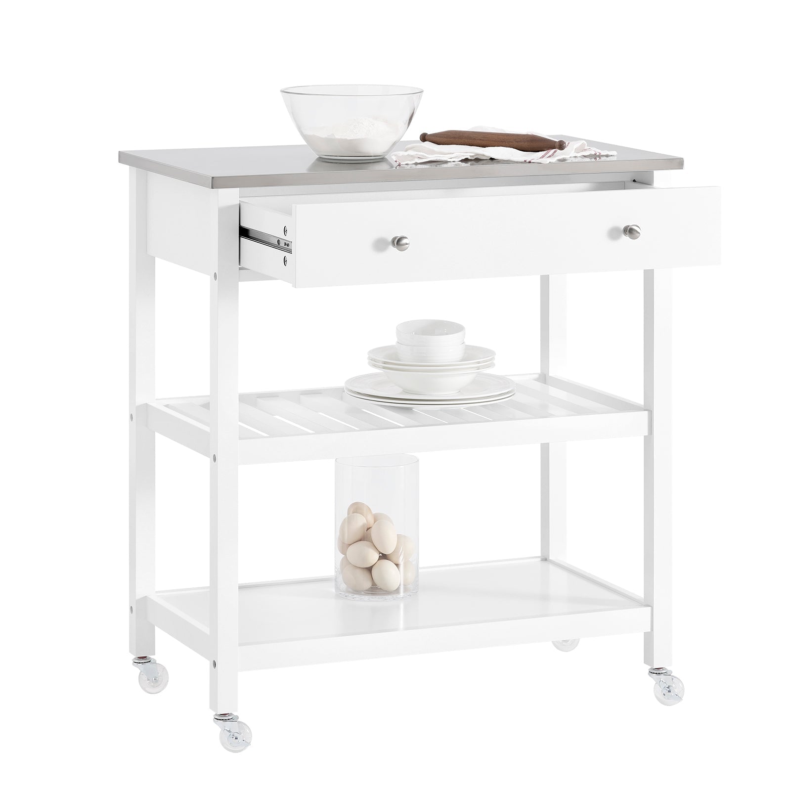SoBuy | Carrello da Cucina con Piano in Acciaio Inox | Credenza | Carrello di Servizio Bianco | 81x90x45cm | FKW47-II-W