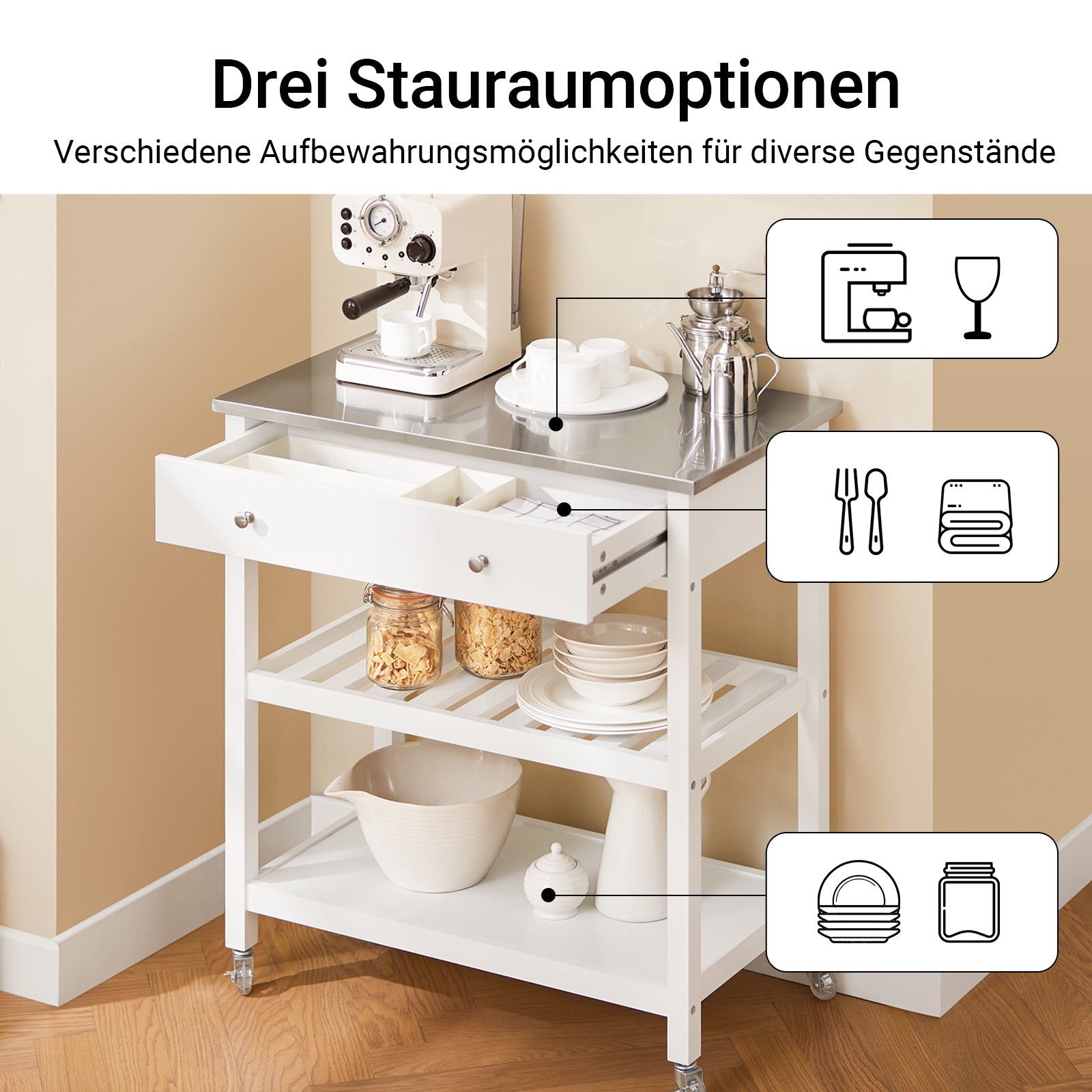SoBuy | Küchenwagen mit Edelstahlplatte | Sideboard | Servierwagen Weiß | 81x90x45cm | FKW47-II-W