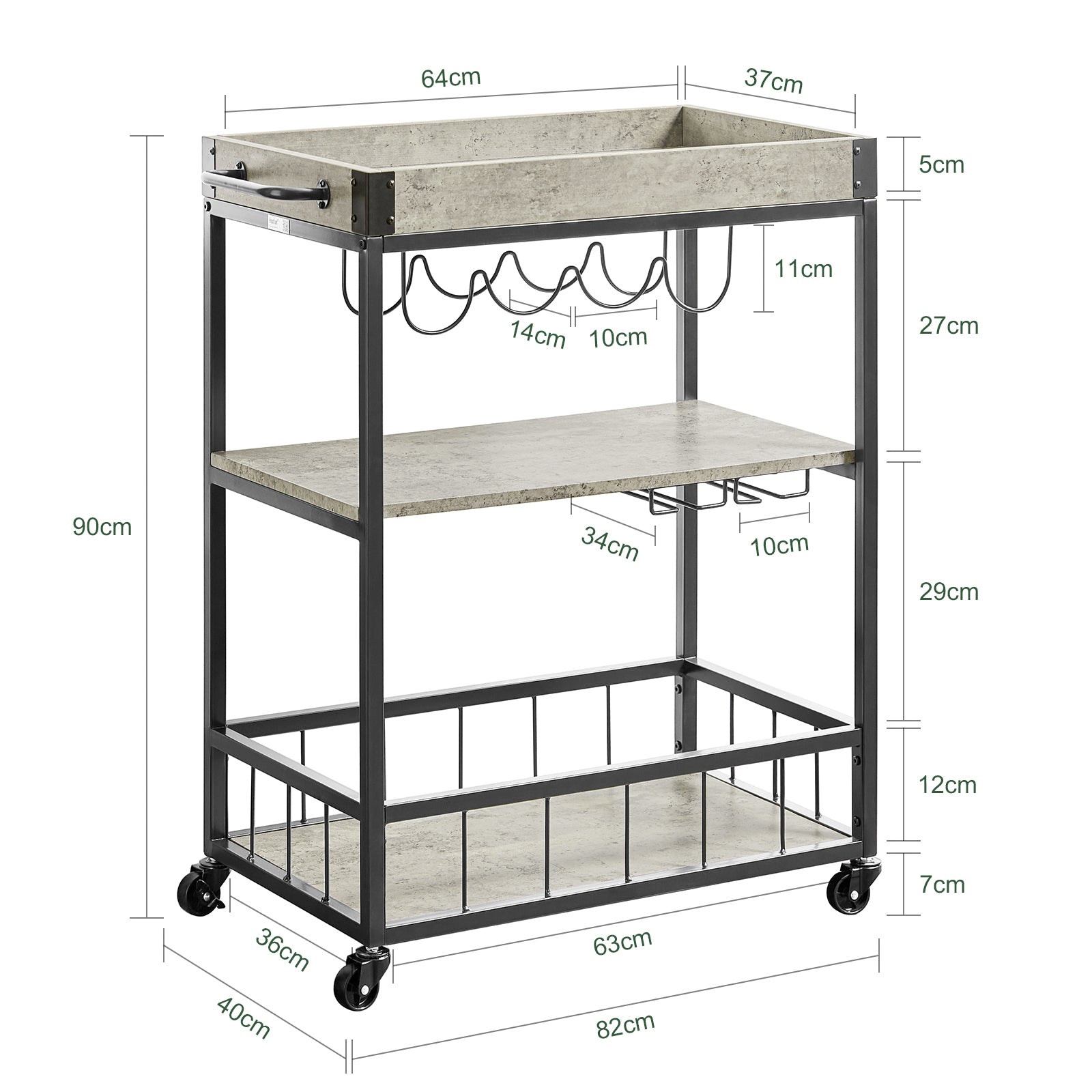 SoBuy | Carrello da portata con vassoio removibile | Carrello da cucina in cemento grigio chiaro | FKW56-HG