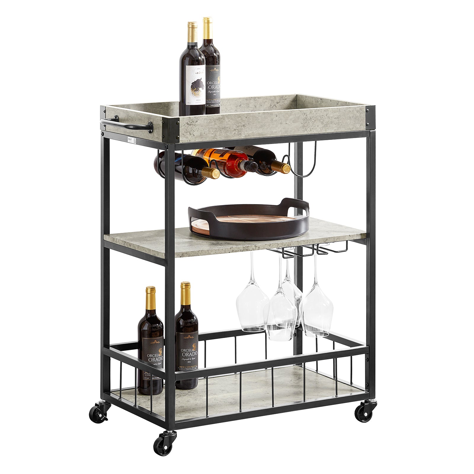 SoBuy | Carrello da portata con vassoio removibile | Carrello da cucina in cemento grigio chiaro | FKW56-HG