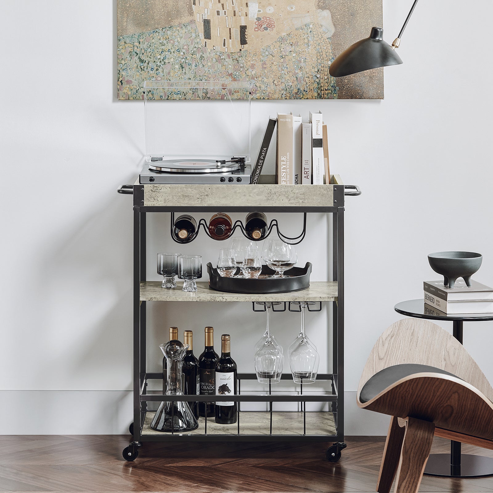 SoBuy | Carrello da portata con vassoio removibile | Carrello da cucina in cemento grigio chiaro | FKW56-HG