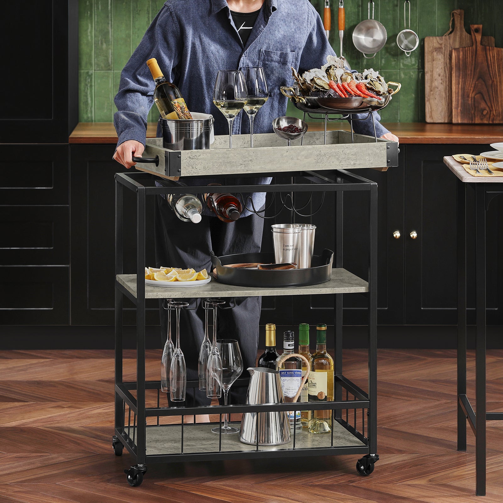 SoBuy | Carrello da portata con vassoio removibile | Carrello da cucina in cemento grigio chiaro | FKW56-HG