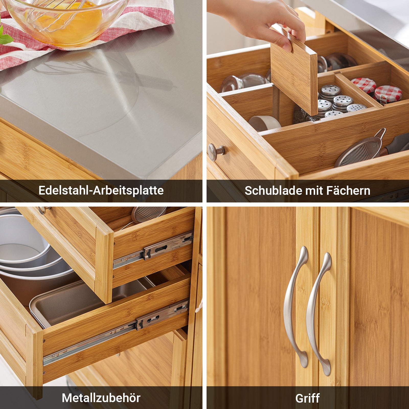 SoBuy | Îlot de cuisine | Desserte de cuisine avec plan de travail en acier inoxydable | Meuble de cuisine en bambou | FKW70-N