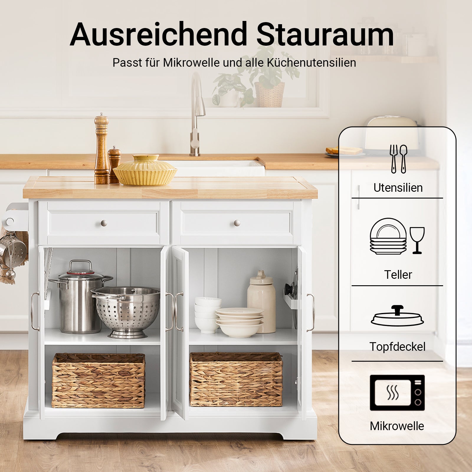 SoBuy | Îlot de cuisine | Chariot de cuisine avec plan de travail extensible | Meuble de cuisine blanc | FKW71-II-WN