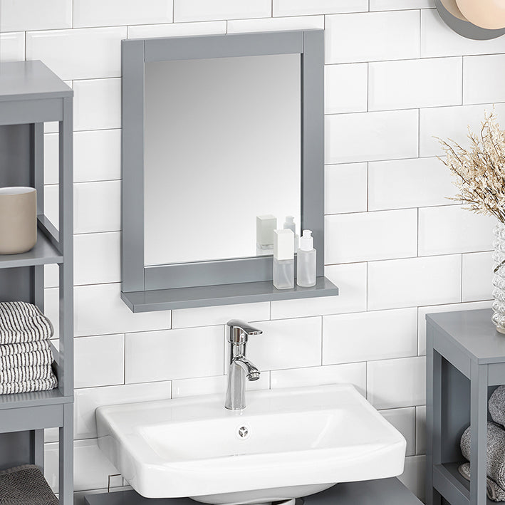 SoBuy | Miroir de salle de bain avec étagère | Miroir mural | Miroir gris acier | FRG129-SG