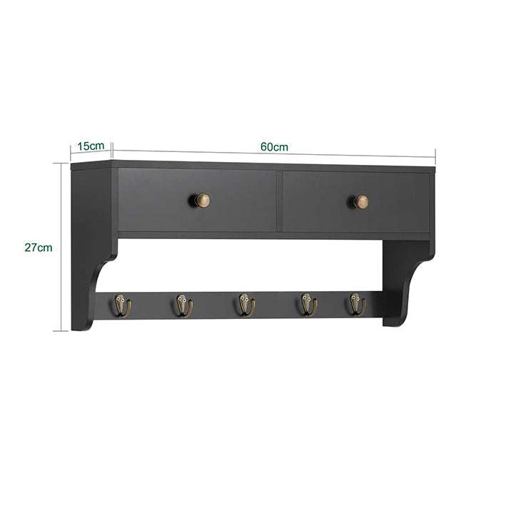 SoBuy | Appendiabiti da parete | Scaffale pensile con cassetti e 5 ganci | Nero | FRG178-SCH